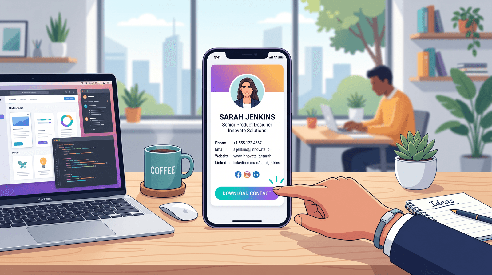 A smartphone displaying a sleek digital business card on a modern desk next to a laptop and coffee cup