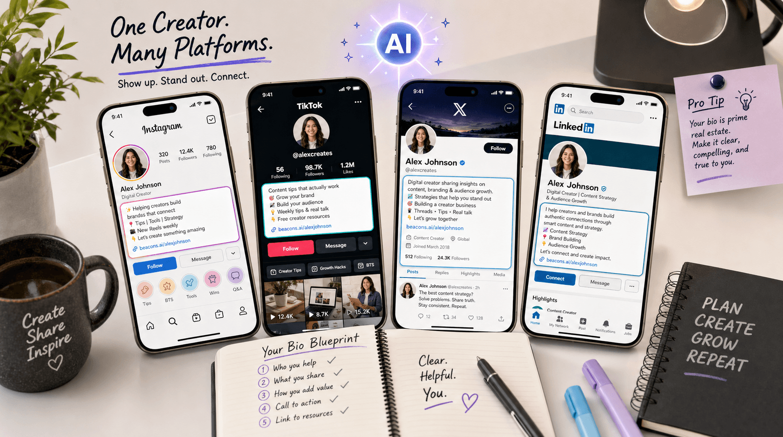 Four smartphones in a fan layout showing different social media profiles — Instagram, TikTok, X, and LinkedIn — each with a polished bio section, a glowing AI spark icon hovering above a creator's desk