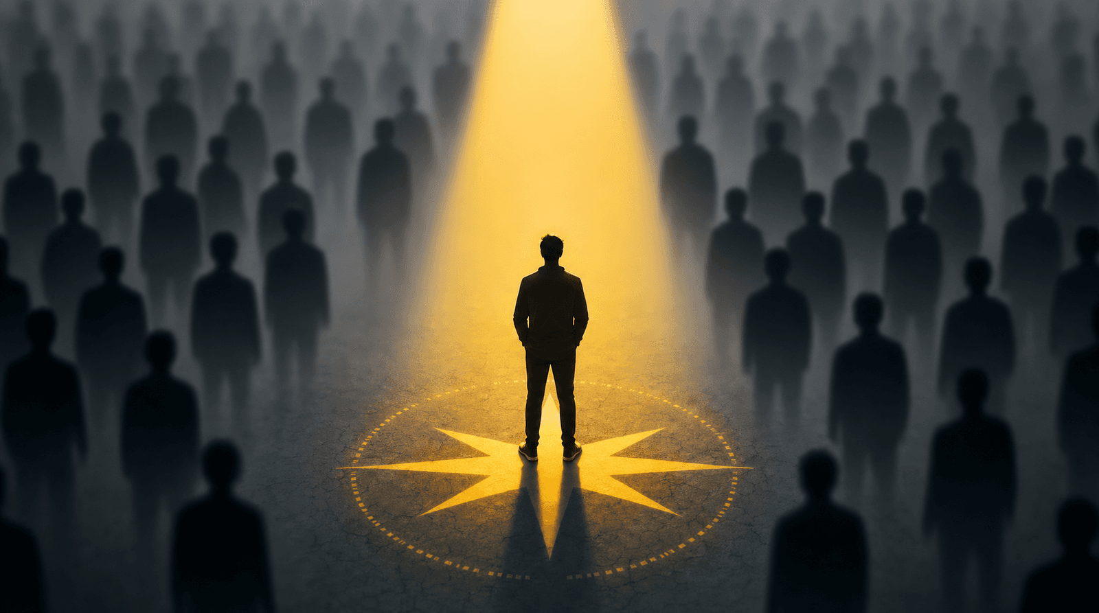 A single bright spotlight illuminating one sharply-defined human silhouette in the foreground while a crowd of indistinct, blurry, identical-looking silhouettes recede into a soft gray background — a visual metaphor for standing out from the generic creator crowd through specificity