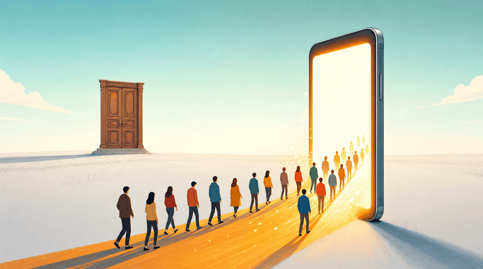 An editorial illustration of a large ornate wooden front door standing closed and alone in an empty pale field, while a long line of people walks past it along a glowing amber path into the bright open screen of a giant upright smartphone, representing customers bypassing a business website in favor of its mobile profile page.