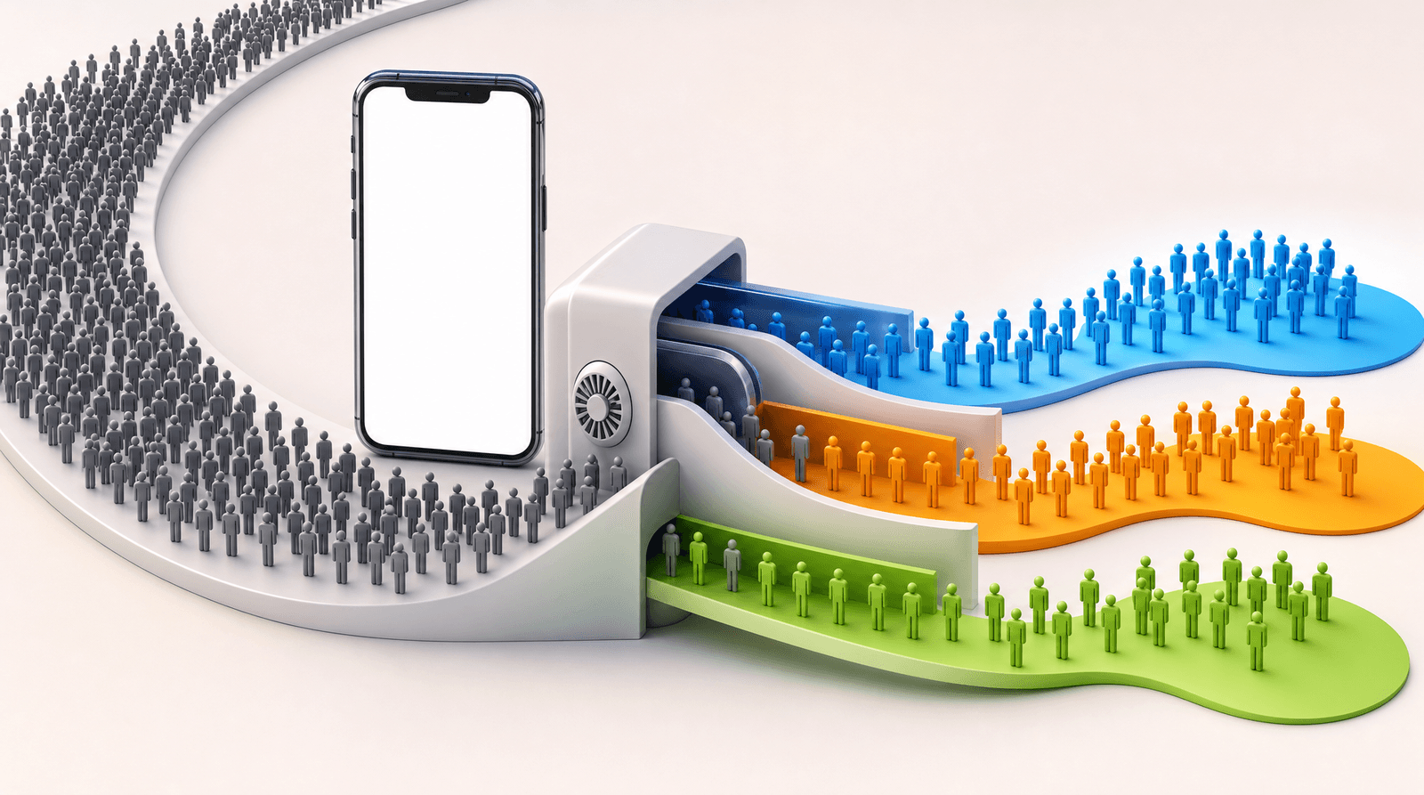 A large crowd of identical grey silhouetted figures flowing along a curved path through a simple white sorting machine and emerging on the other side as three separated groups on blue, orange and green paths, with an oversized smartphone showing a blank screen standing beside the machine, representing an undifferentiated audience being sorted into distinct segments.