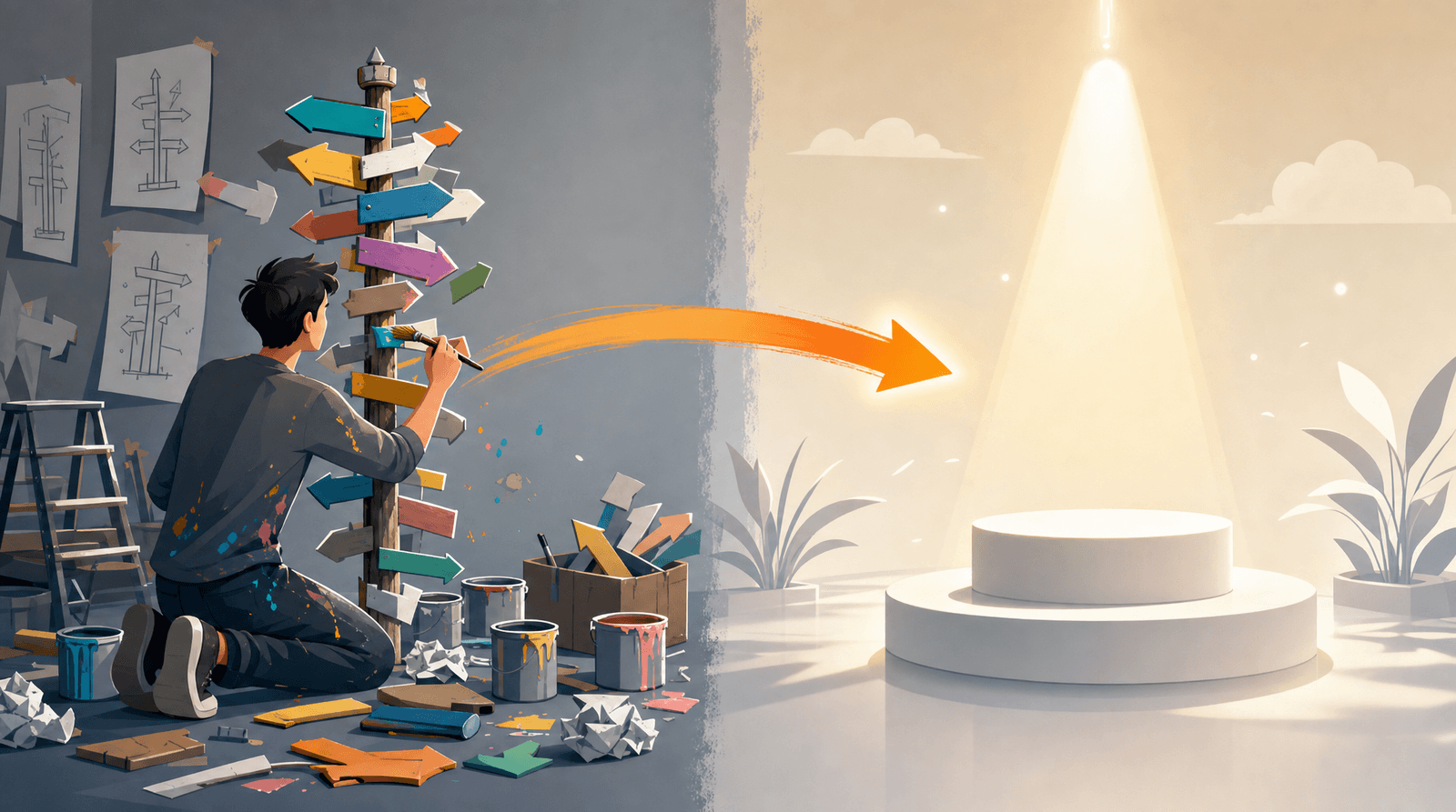 A wide illustrated split scene: on the left, a person kneels in a cluttered workshop endlessly repainting a signpost covered in dozens of colorful arrows, surrounded by paint cans, crumpled sketches and a ladder. A bright orange brushstroke arrow sweeps across the middle to the right half, which is calm and brightly lit and shows a single empty white pedestal under a spotlight, with nothing on it.