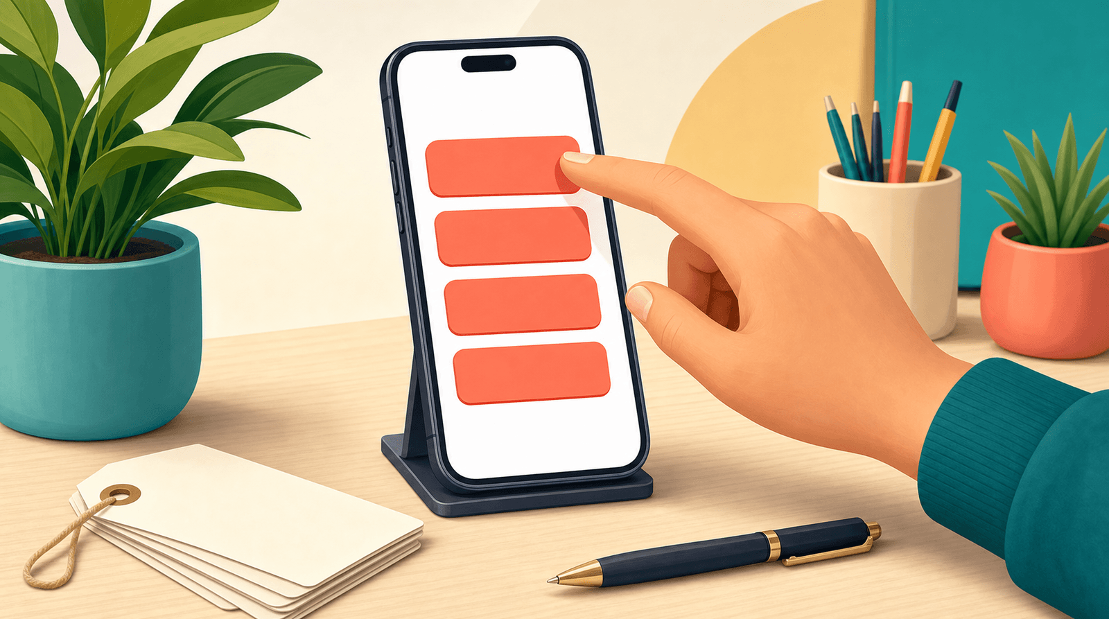 A bright illustrated desk scene: a smartphone propped upright on a pale wooden desk showing a vertical stack of four blank coral buttons, with a hand reaching in from the right and a thumb hovering just above the top one. A stack of blank paper tags and a pen rest on the desk beside the phone, with potted plants and a cup of pencils in the background.