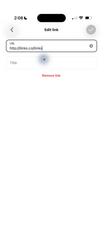 Instagram's Edit link screen showing the URL field, Title field, save checkmark, and Remove link control