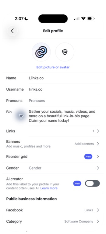Instagram's Edit profile screen, with the Links row below Bio