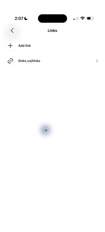 Instagram's Links screen showing Add link and the account's existing Liinks URL