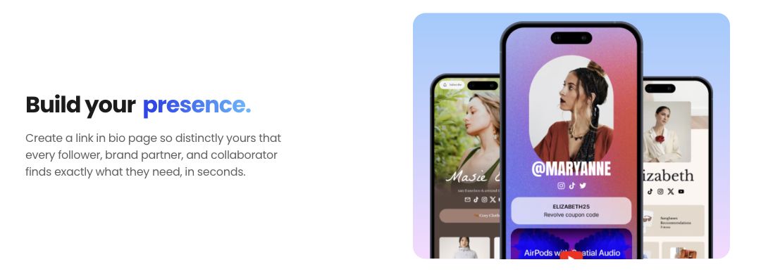 Beacons website preview showing three creator pages with customized backgrounds and content cards