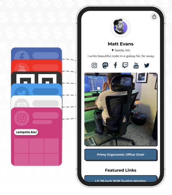 Campsite.bio website preview showing a page with social icons, a large image, and link buttons