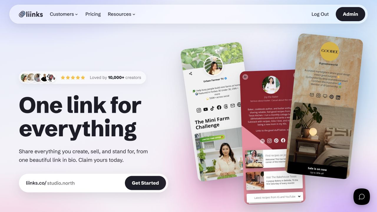 Liinks website showing three example pages: Urban Farmer TV, Joy the Baker, and Goodee