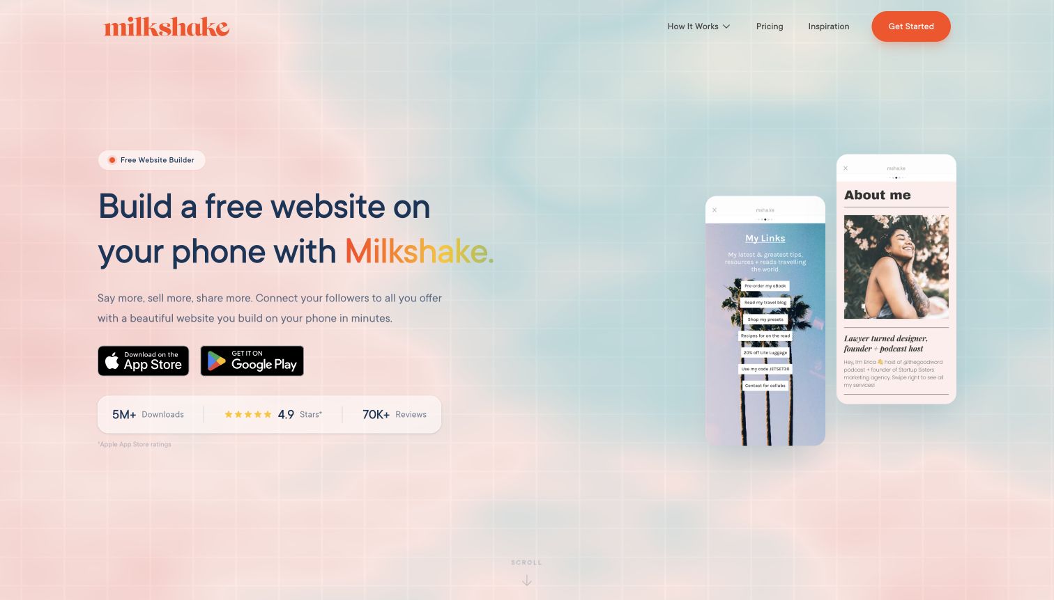 Milkshake website showing My Links and About me Cards alongside its mobile app download options