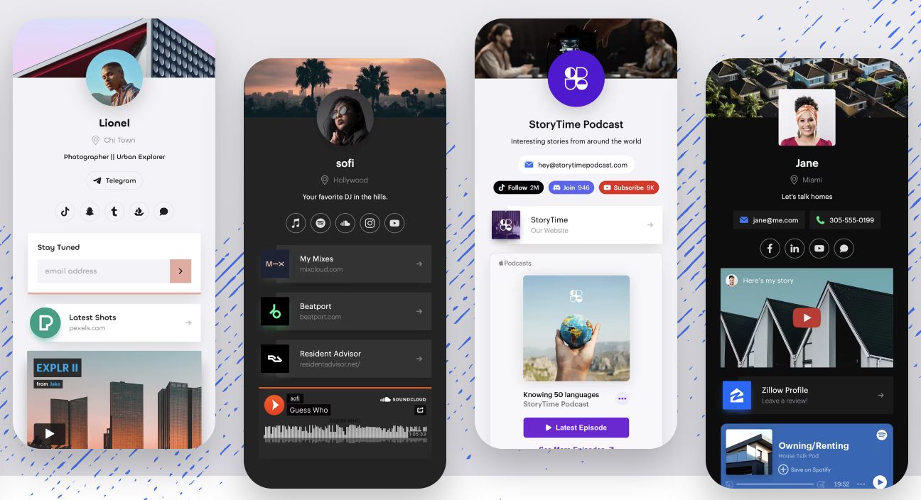 Four solo.to example pages showing contact buttons, social links, video, and audio embeds
