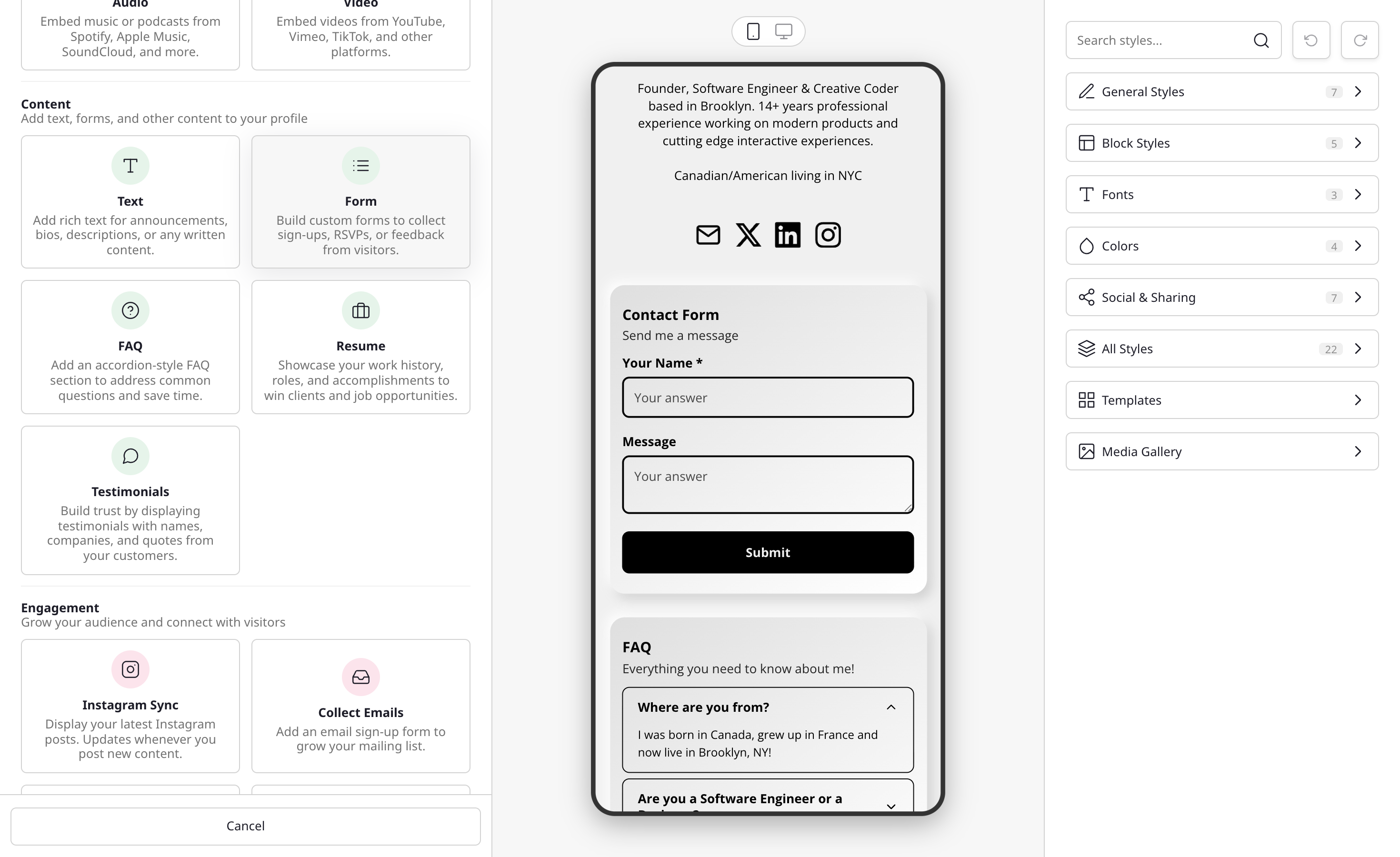The Add Block modal showing the Collect Emails option under Engagement