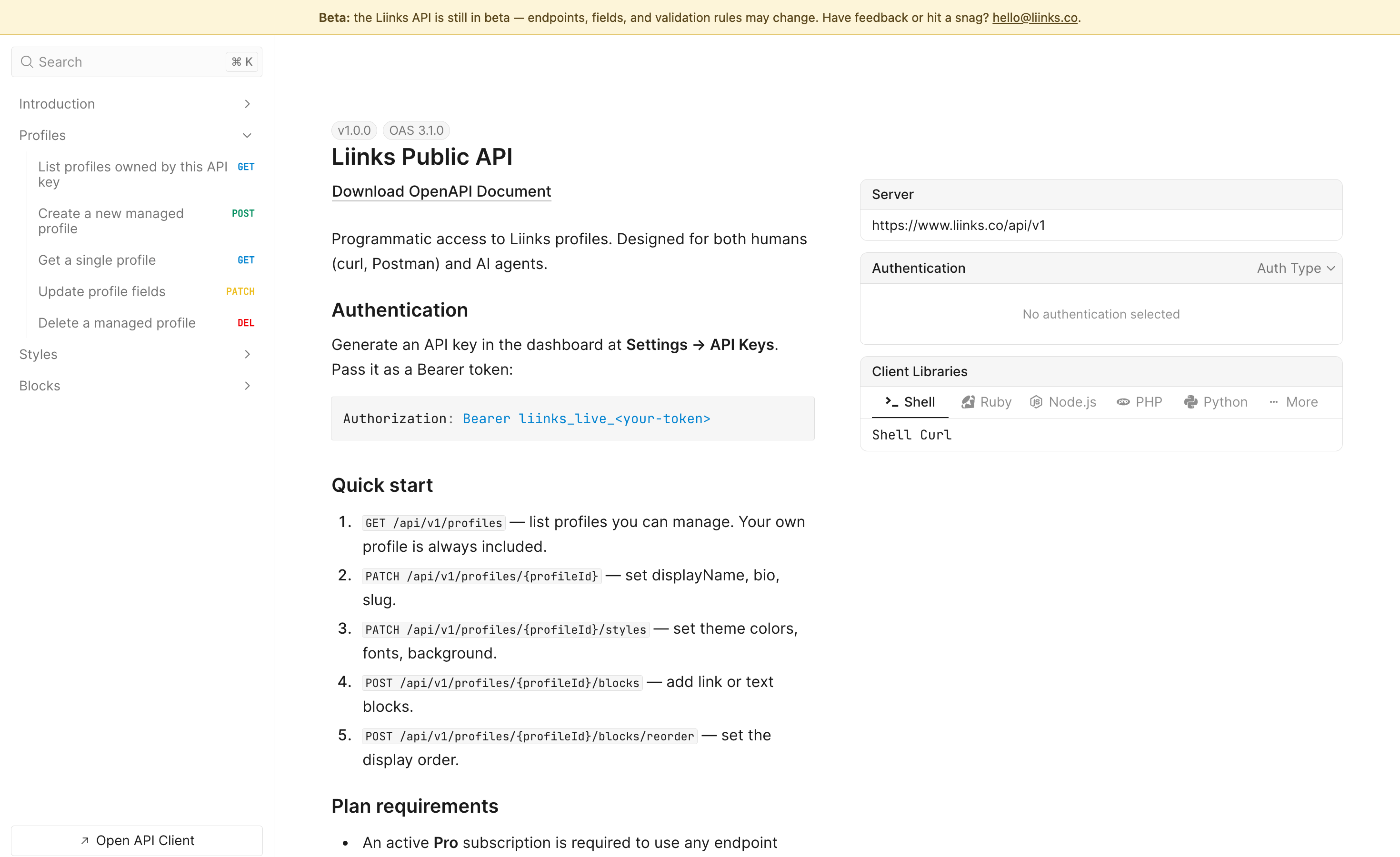 Liinks API interactive documentation