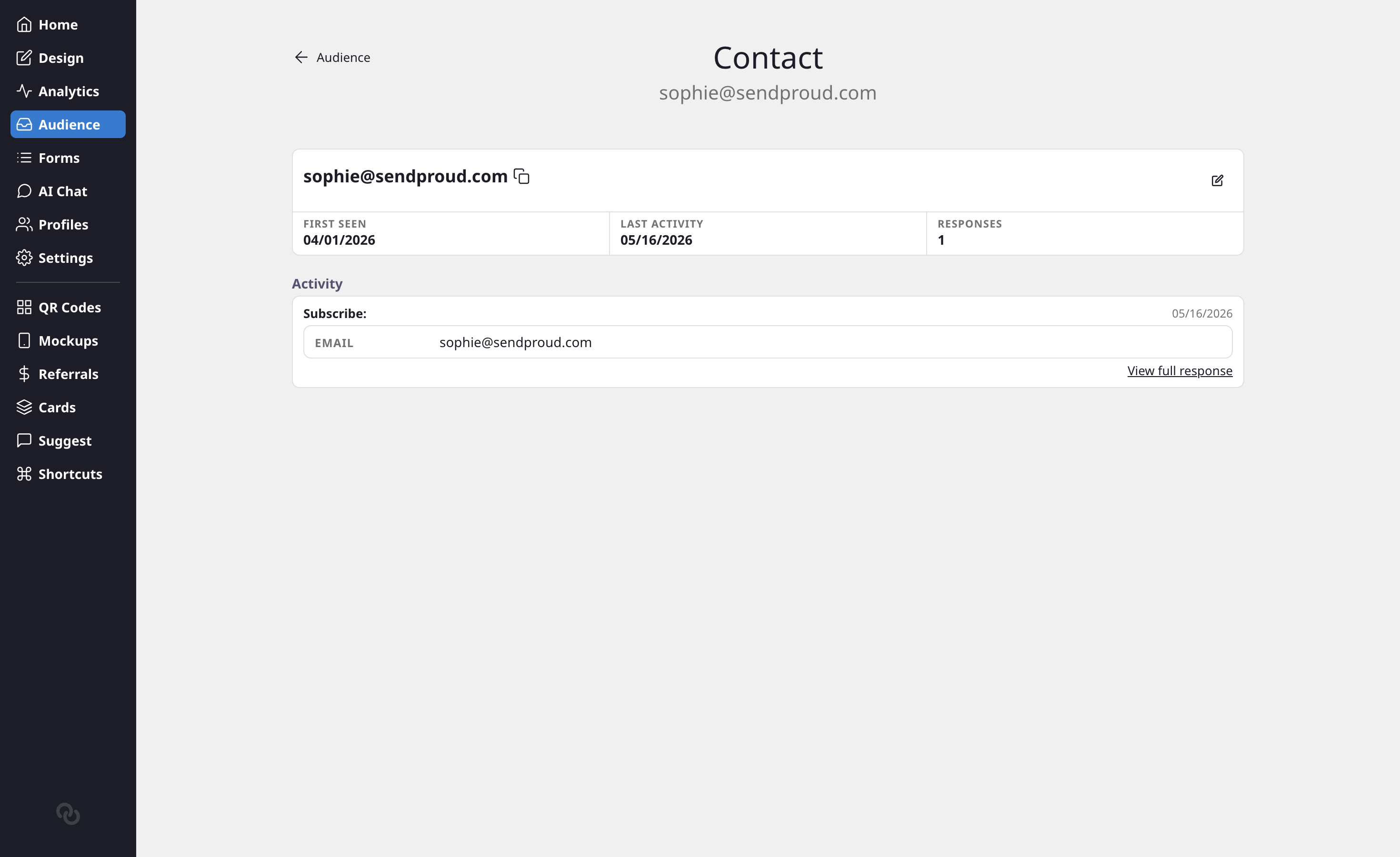 A contact detail page with activity and form answers