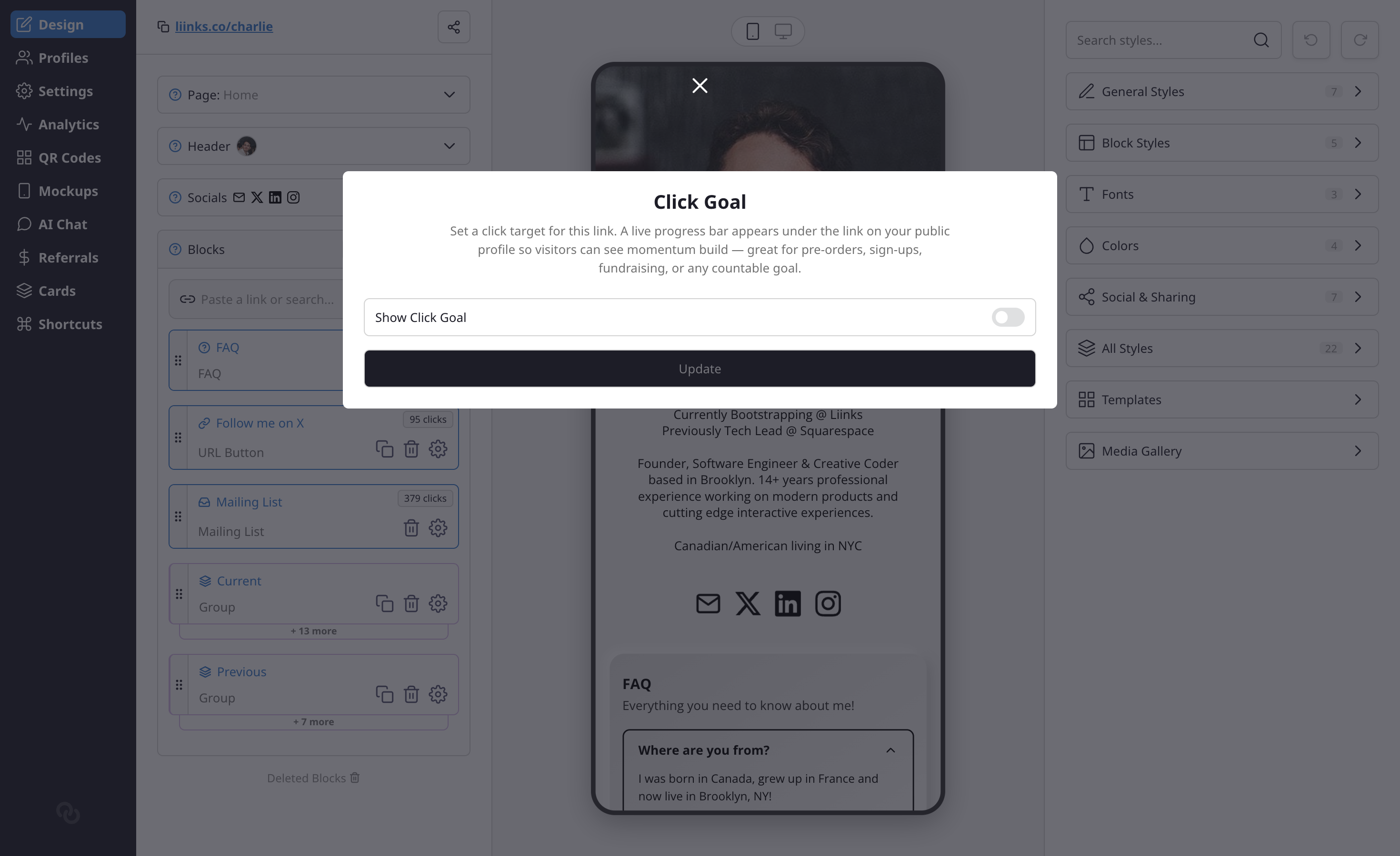 The Click Goal modal in the Liinks editor