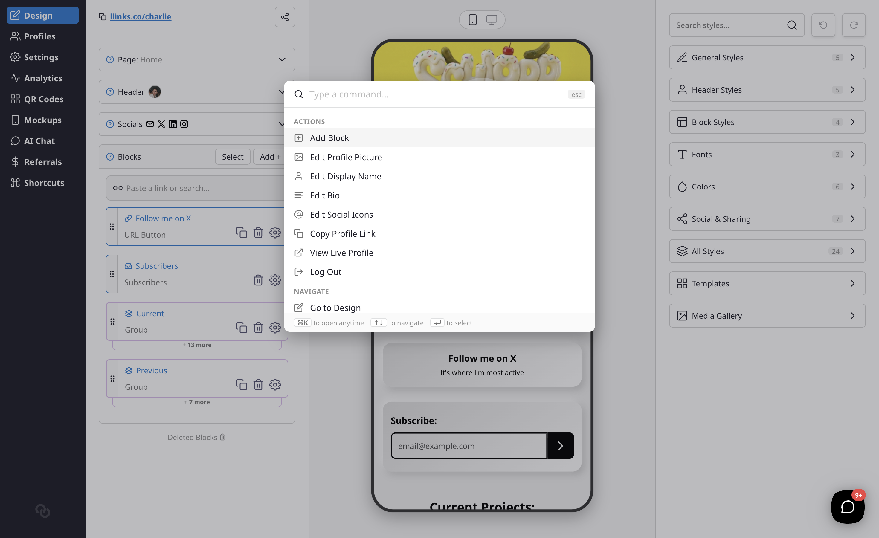 The Command Menu showing all available actions and navigation options