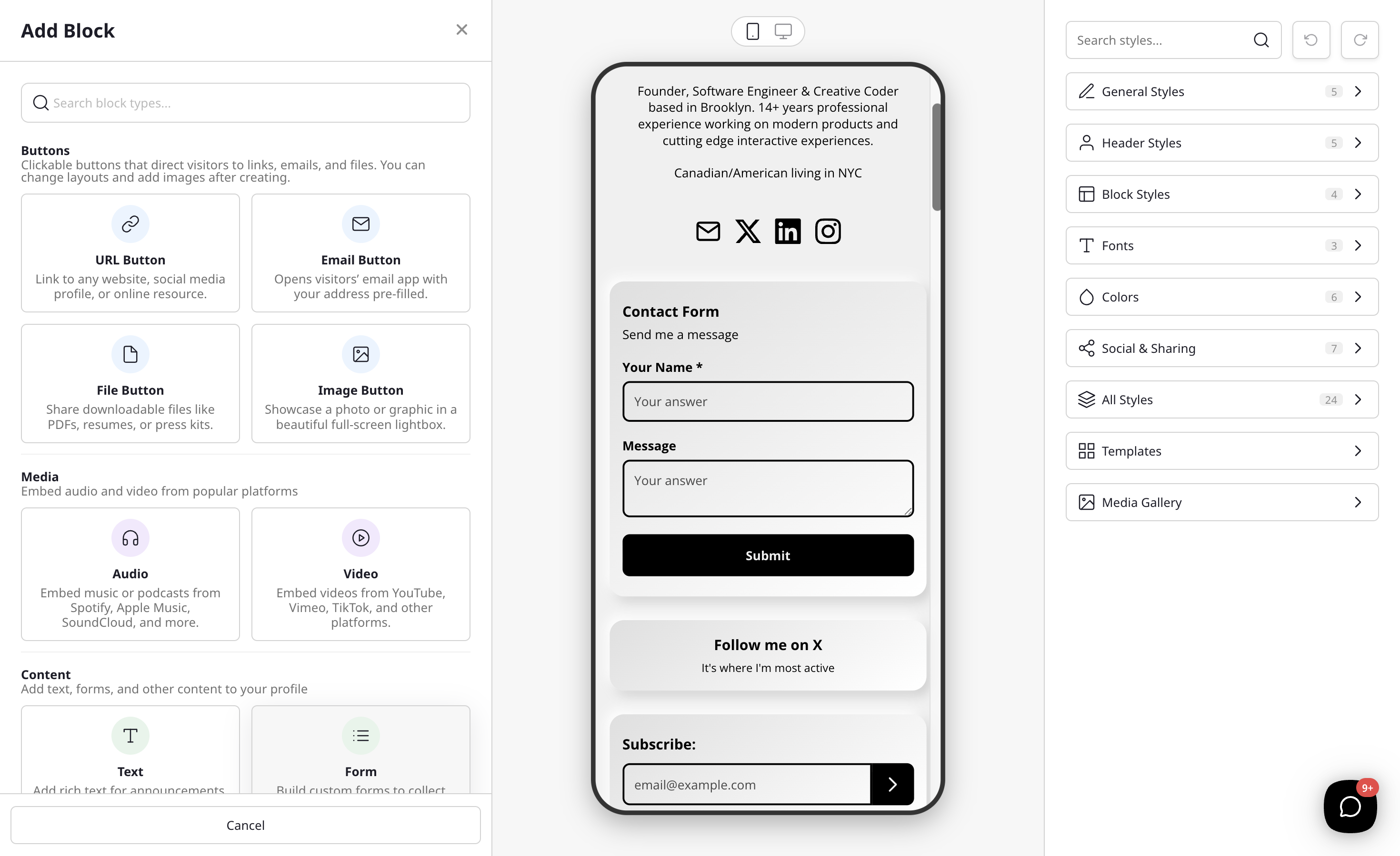 A form block on the profile showing the Contact Form with fields and a Submit button