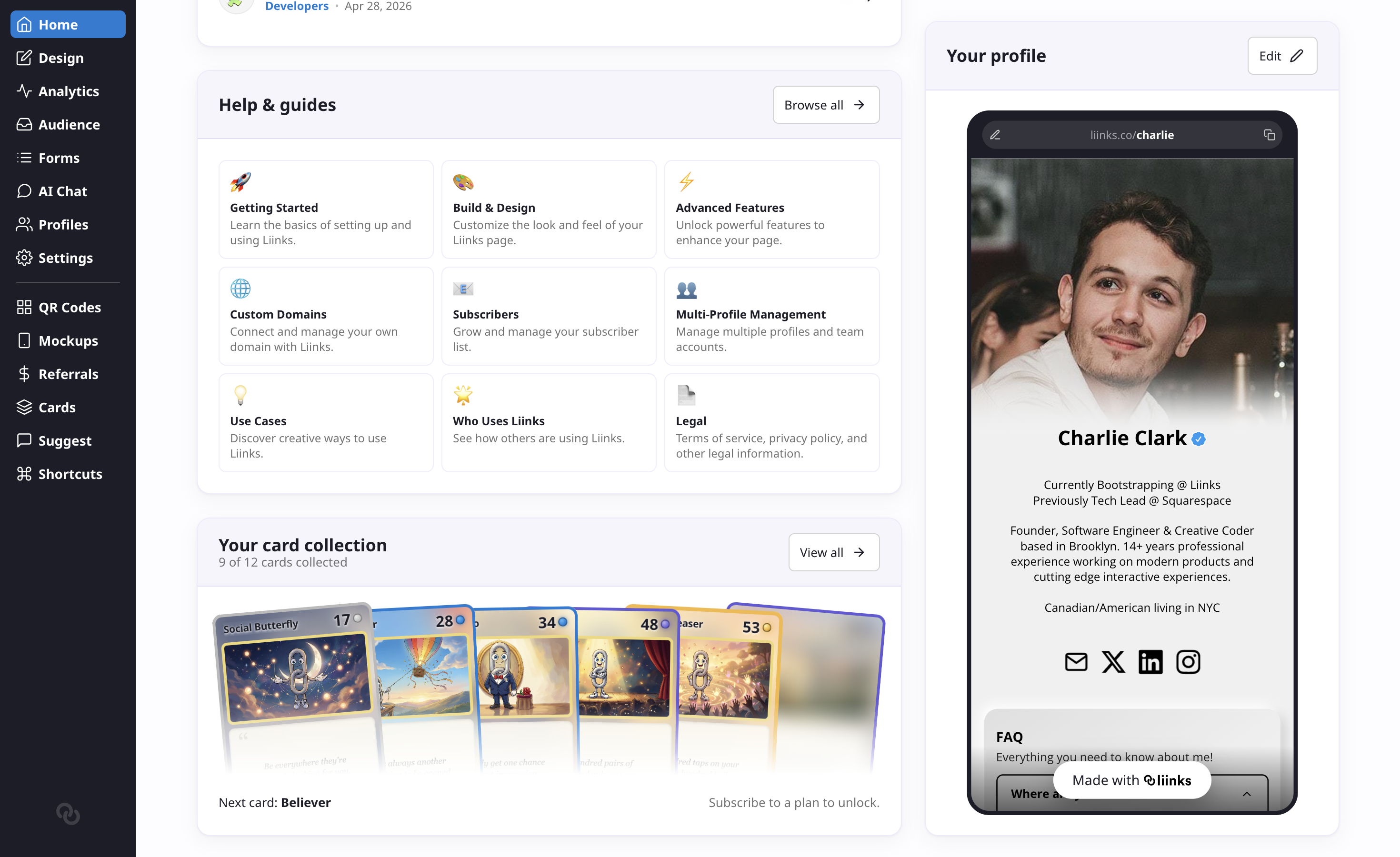 The Your card collection section and next milestone tracker on the dashboard home