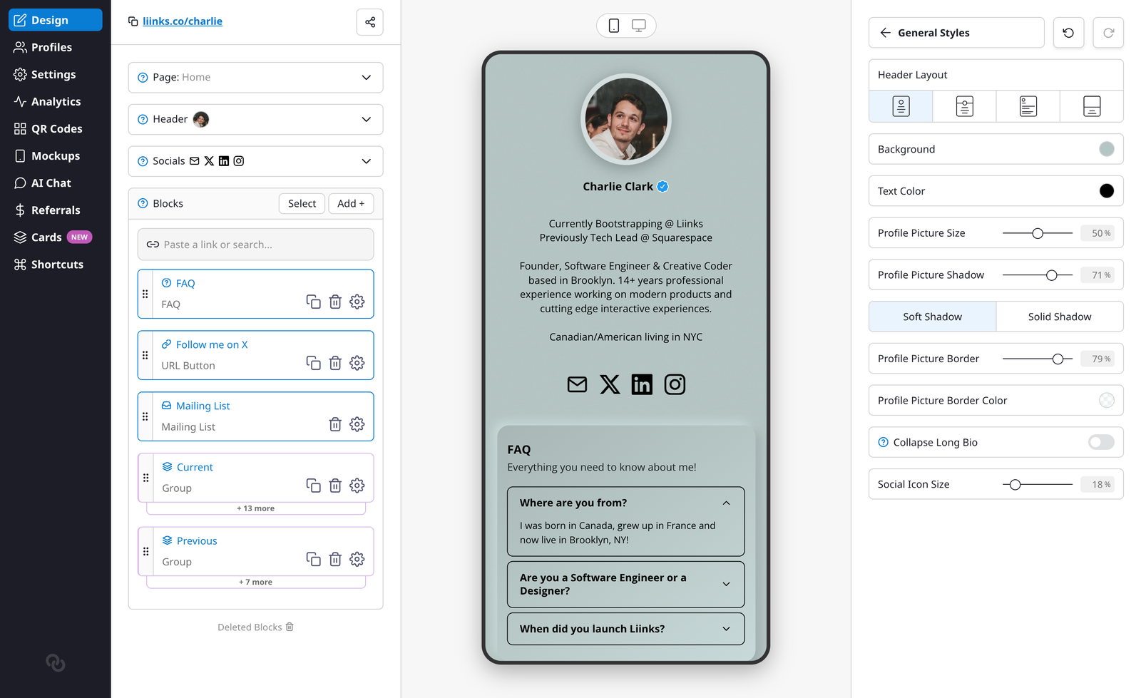 The Header Styles panel with profile picture and social icon options