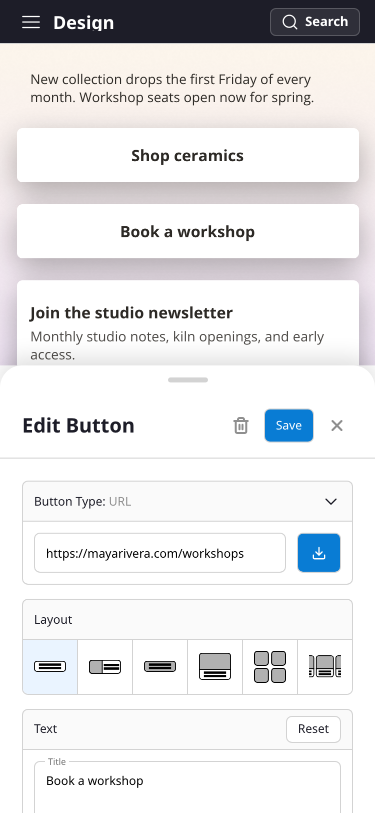 Editing a button block on a phone: the block's panel fills the sheet with Save and close along its top, while the block stays visible in the page above