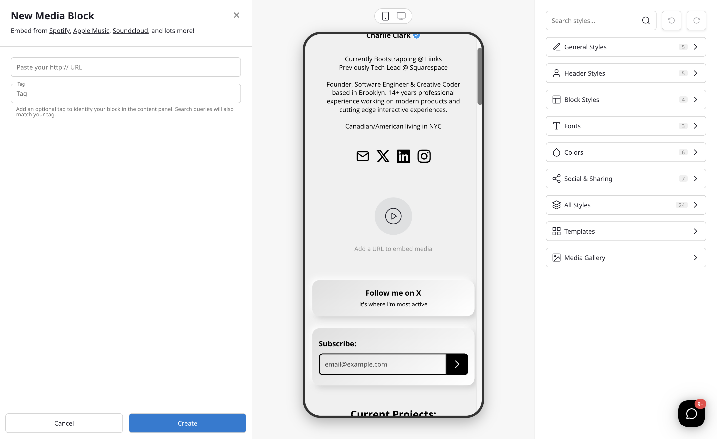The Media Block editor with URL input field