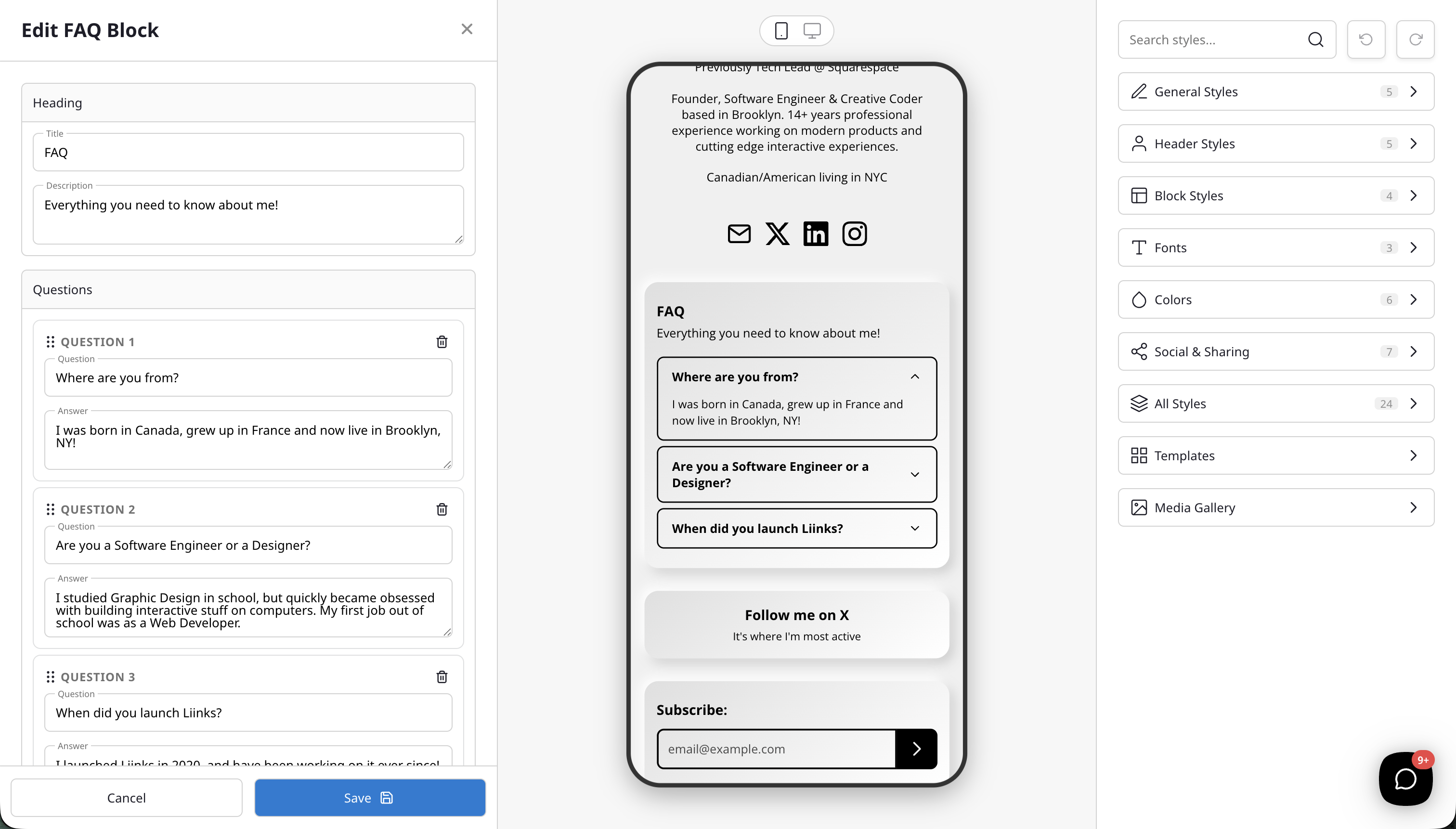 FAQ block editor with heading fields and question list