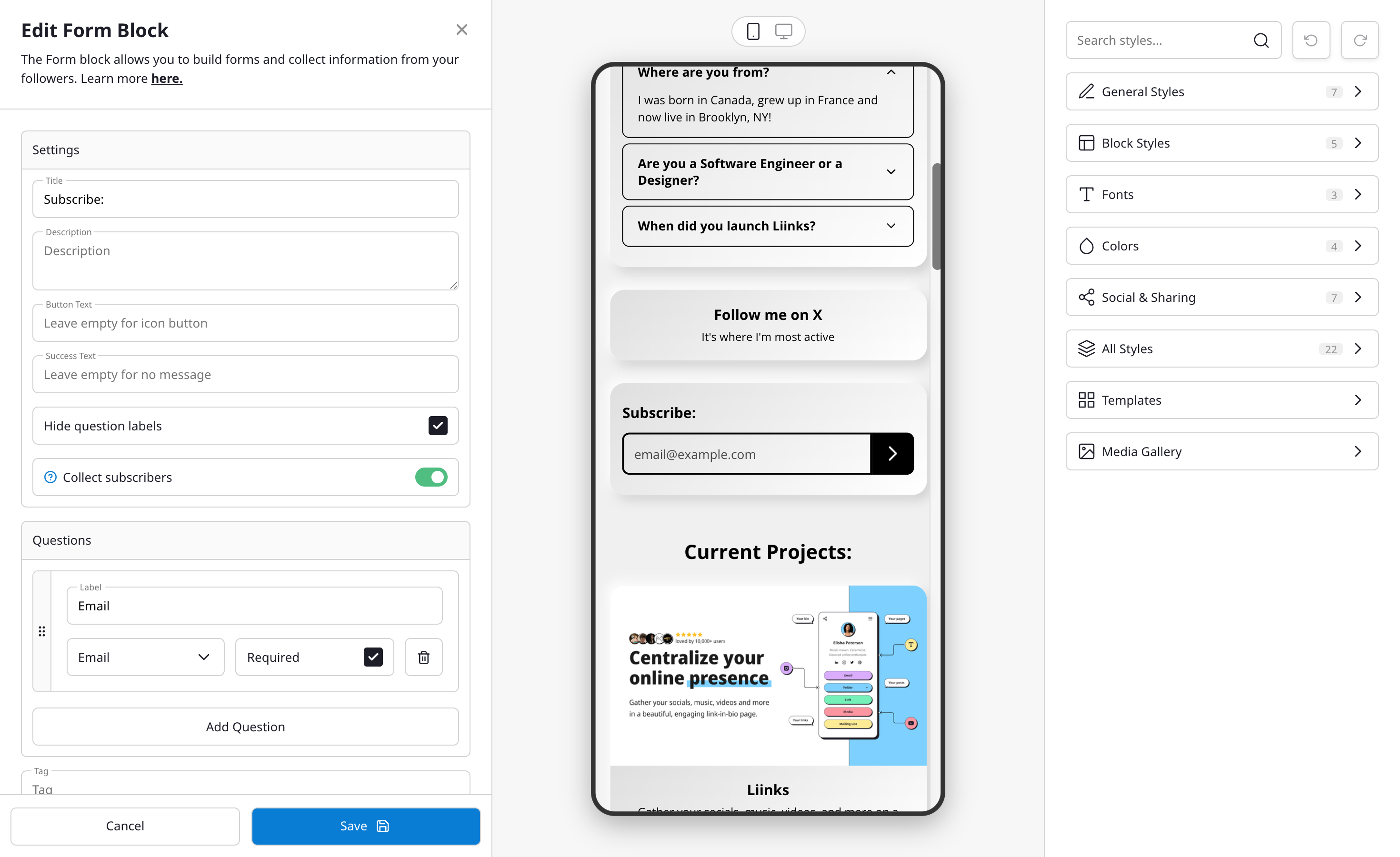 The form builder showing the Collect subscribers toggle enabled and an Email field