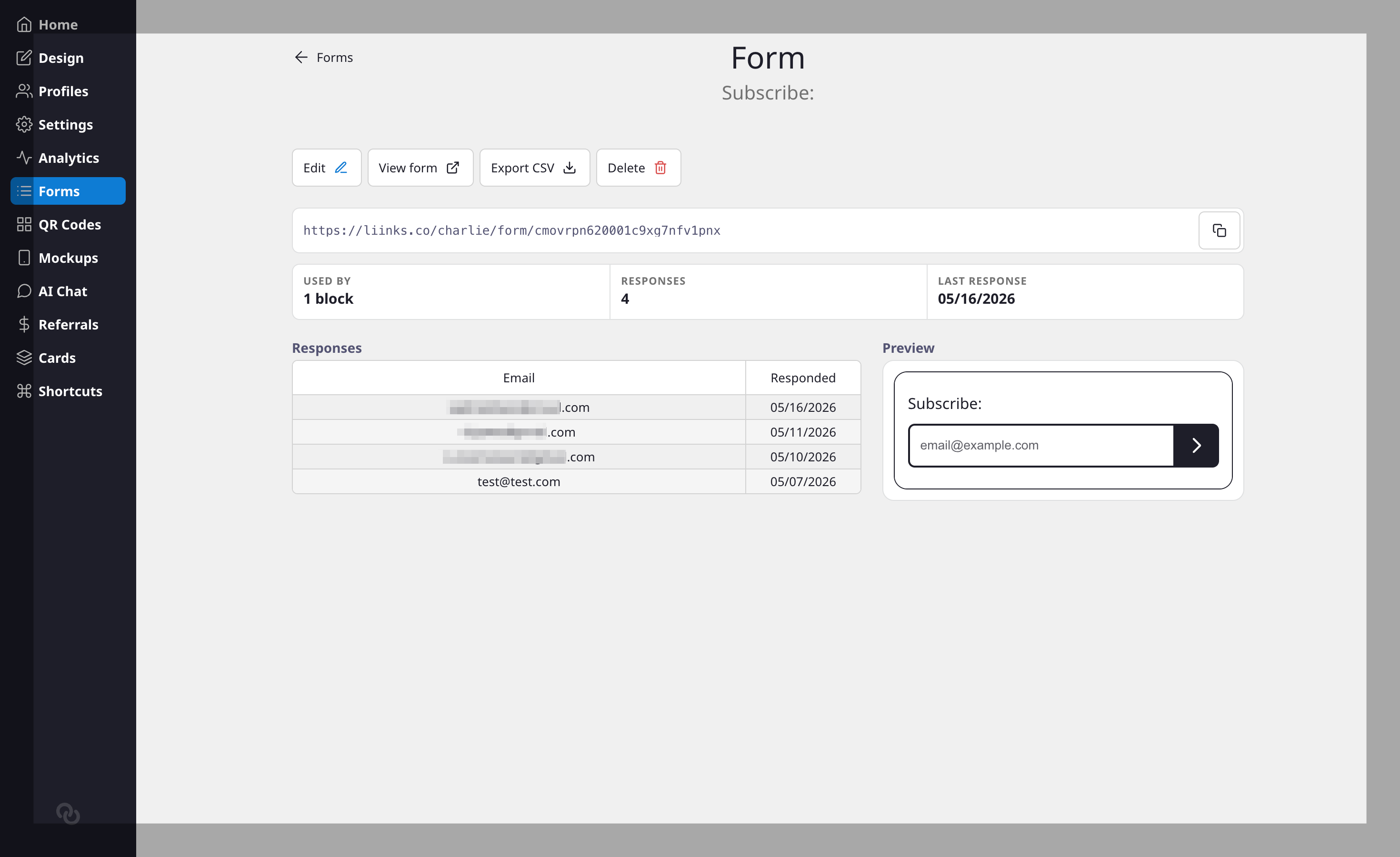The form detail view showing the action bar, standalone URL, responses table, and live preview
