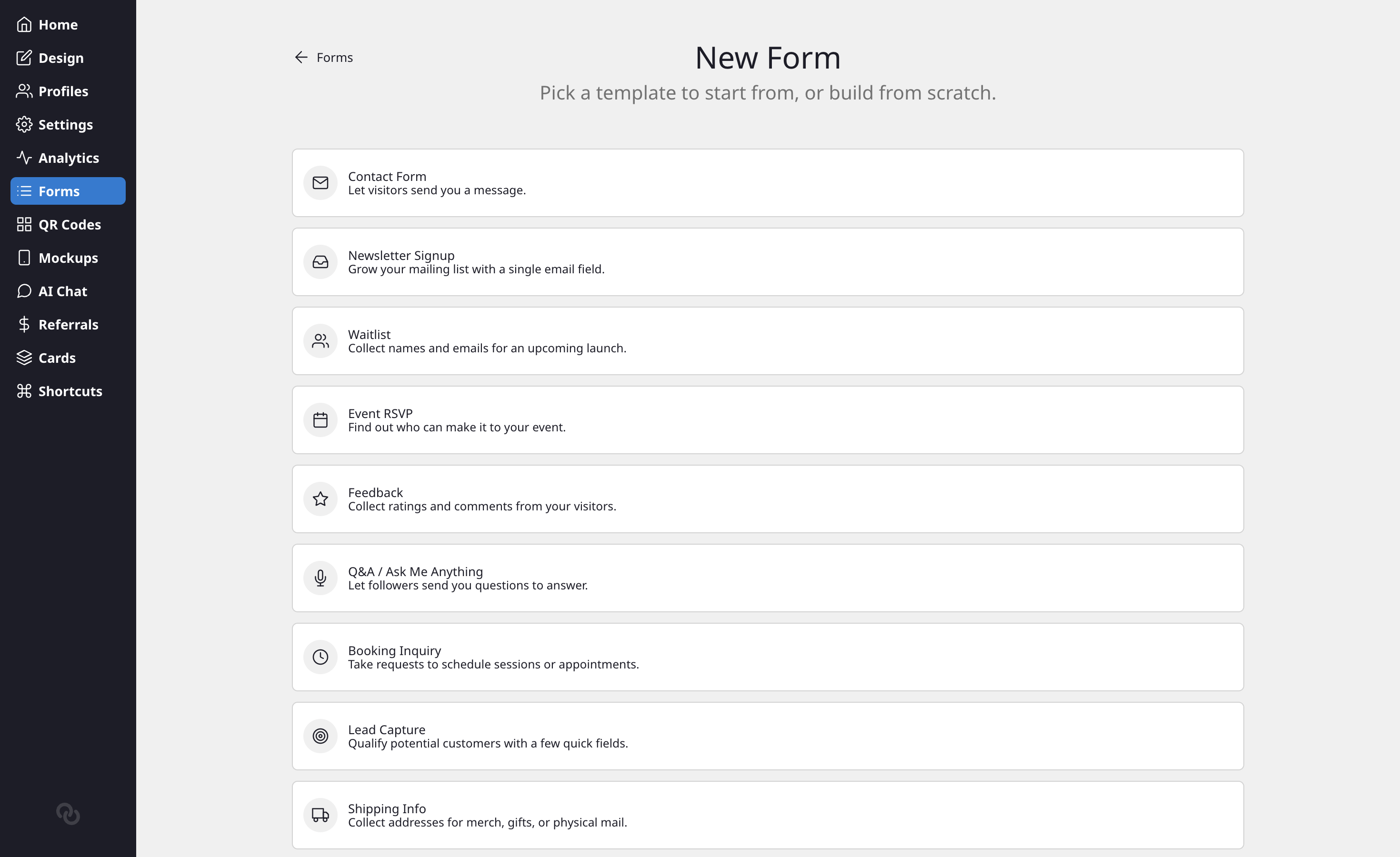 The template picker showing all available form templates