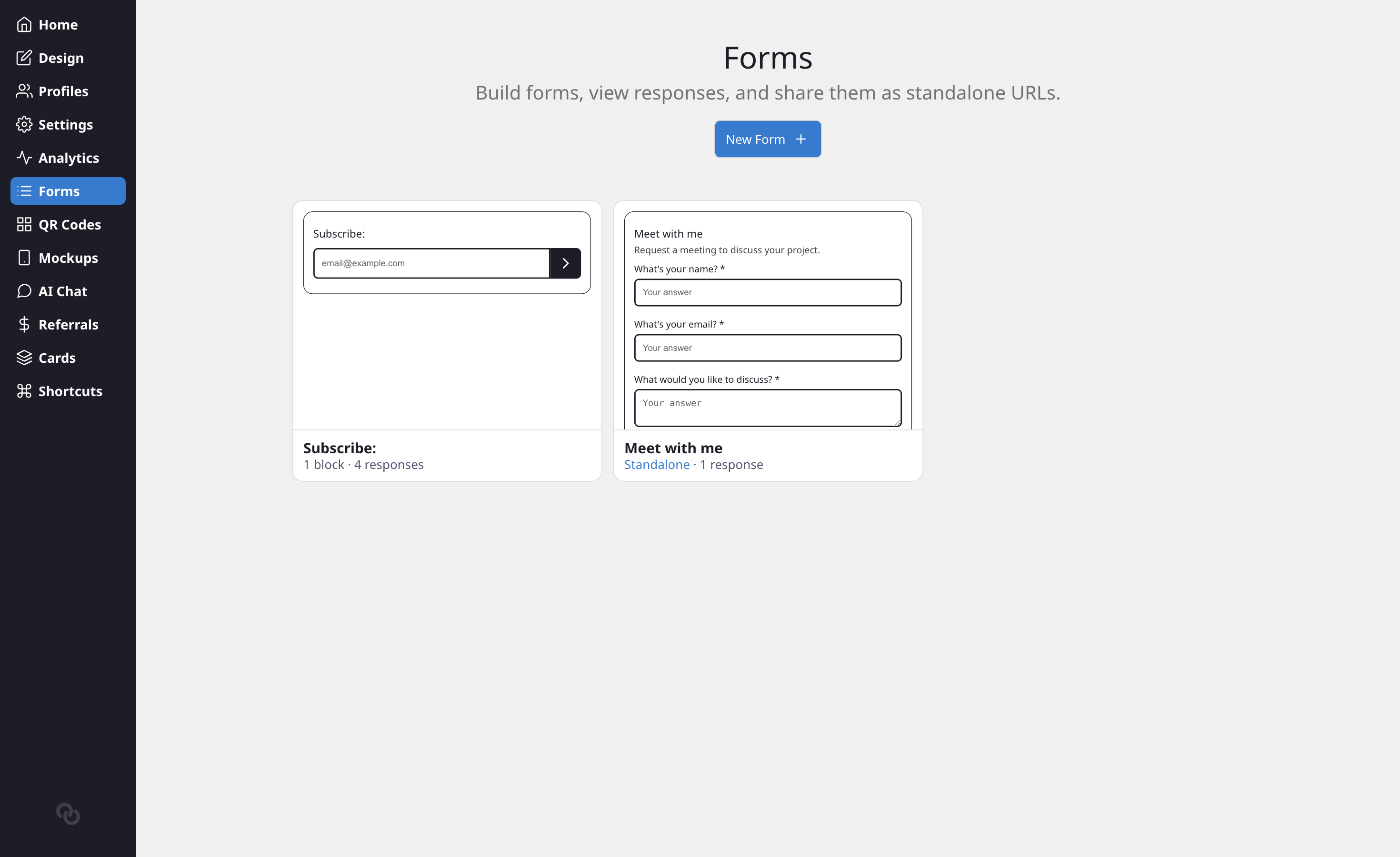 The Forms panel showing all forms with live previews, response counts, and a New Form button