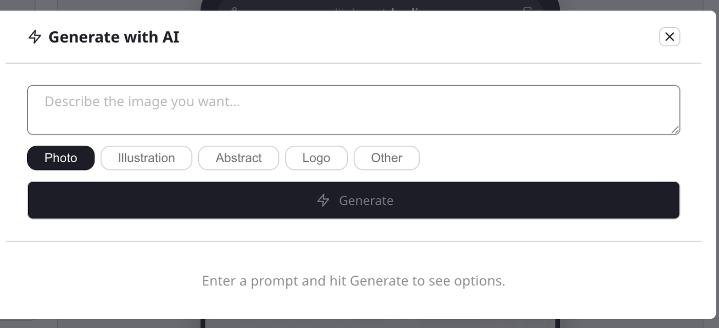 The Generate with AI window with a prompt box, style options, and a Generate button