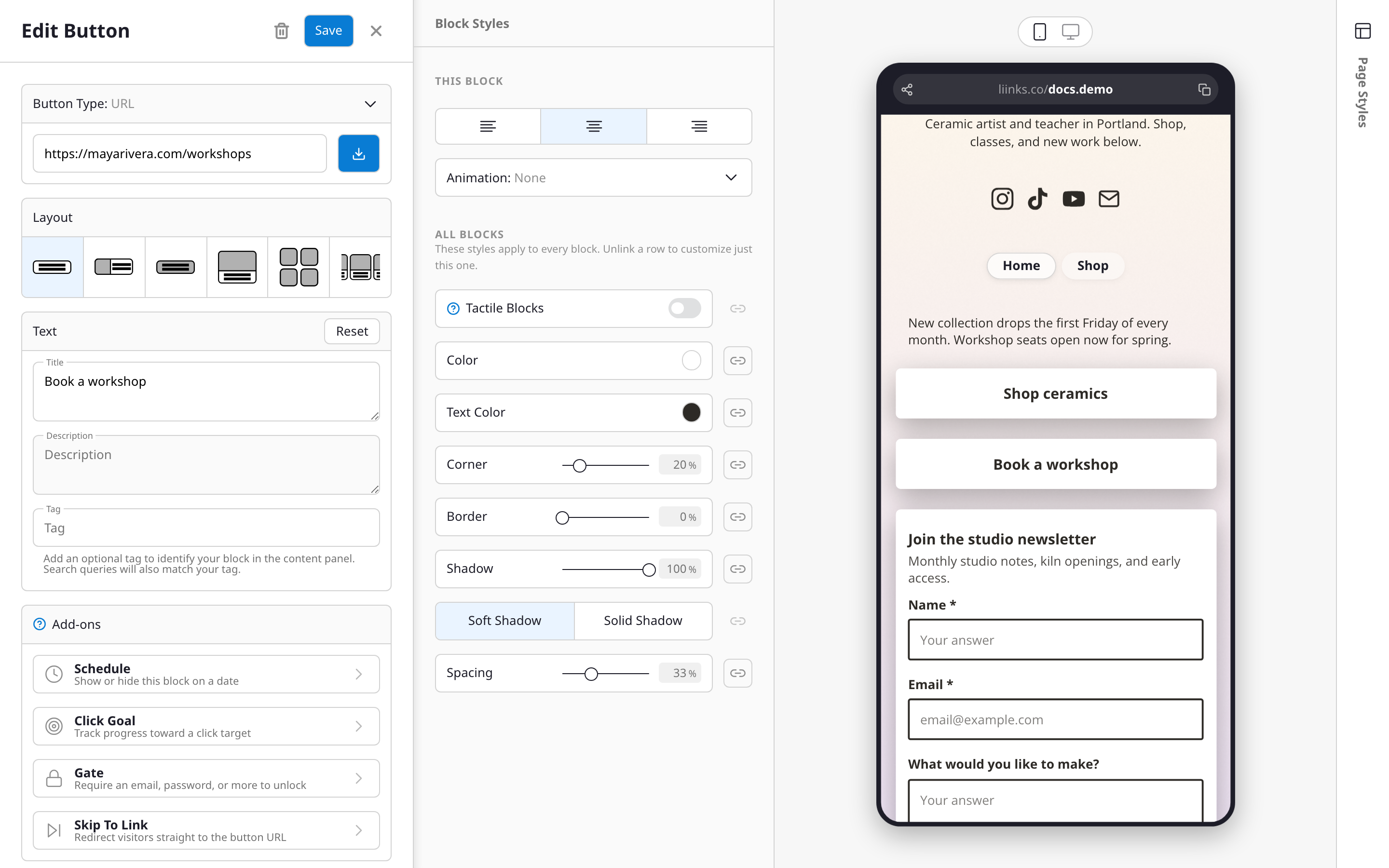 The Link block editor: button type, destination, layout options, title and description, and the add-ons list