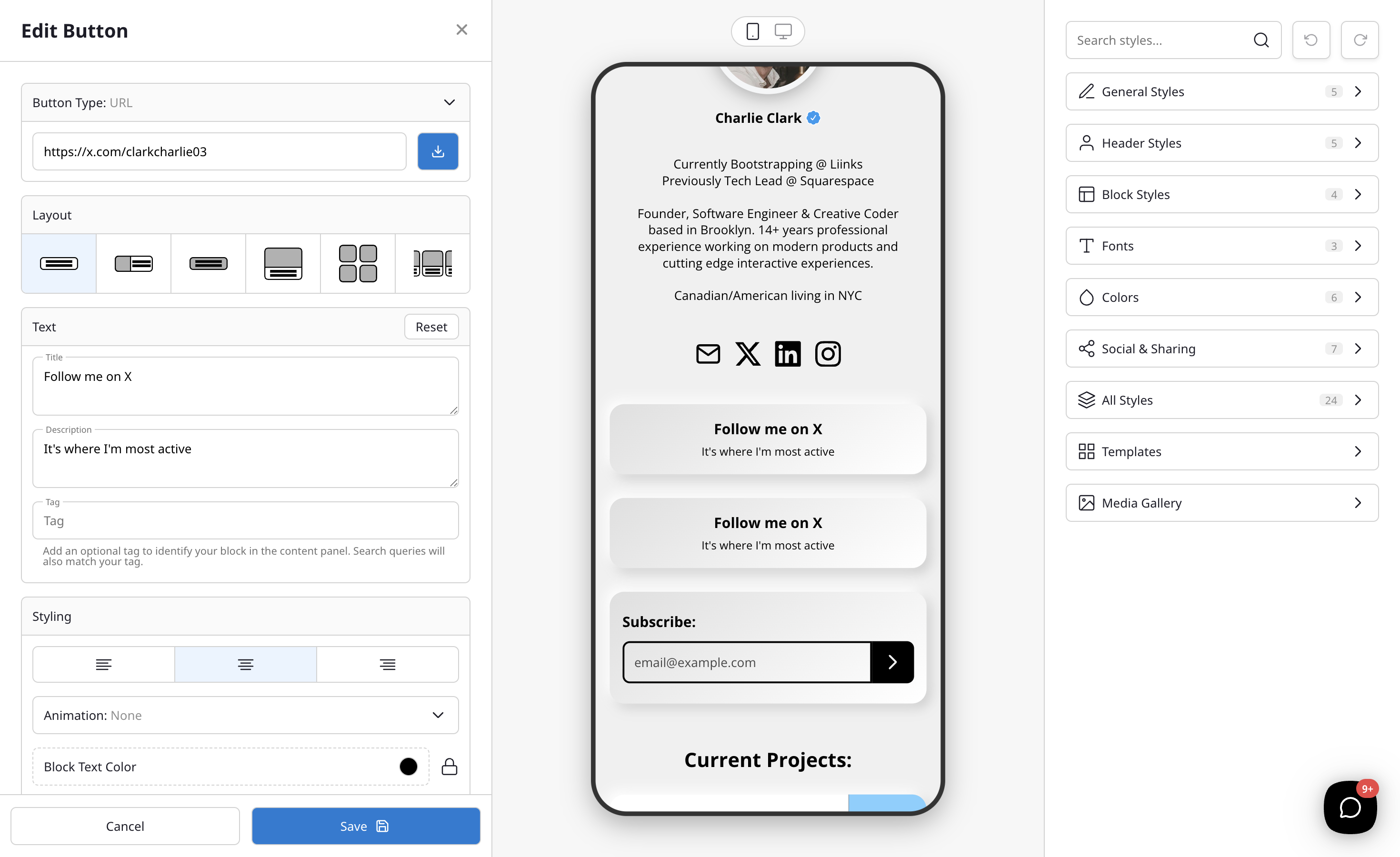The link editor showing layout options including thumbnails, grids, and carousel