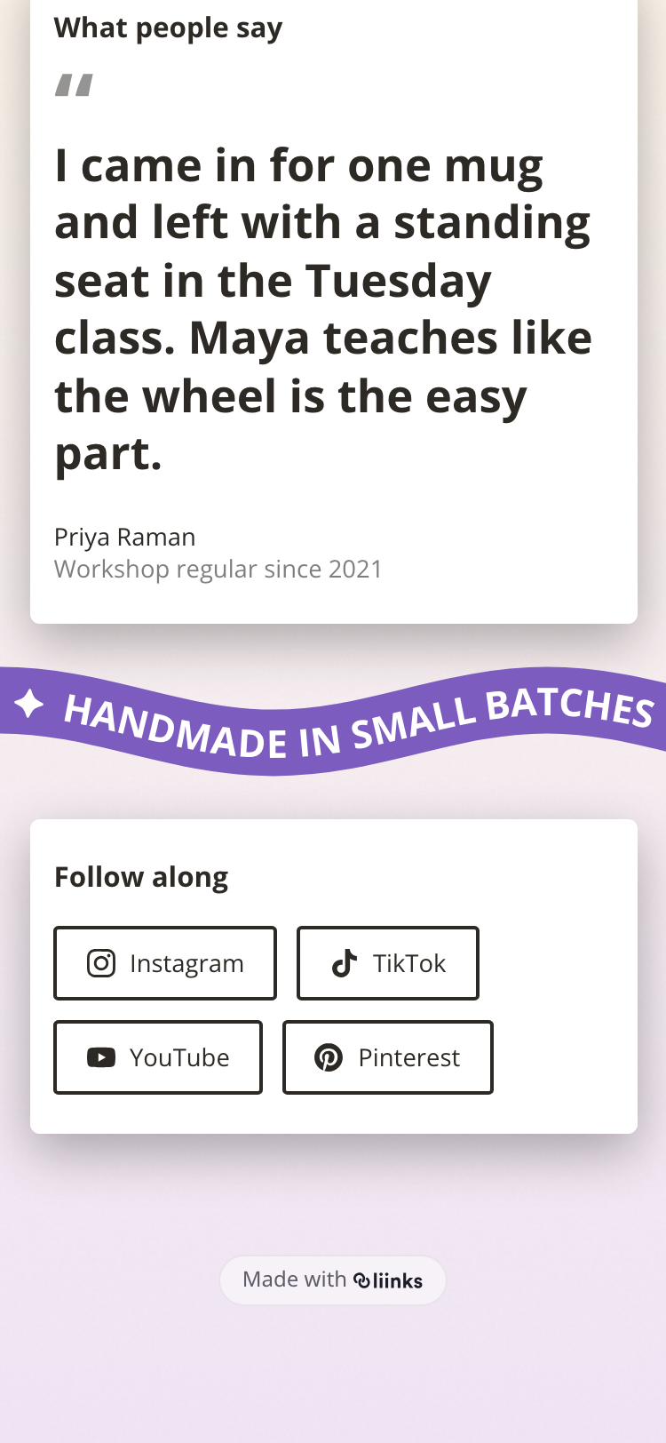 A Marquee block on a public page: a purple ribbon waving edge to edge between two cards, with the phrase in white capitals and a sparkle between repetitions