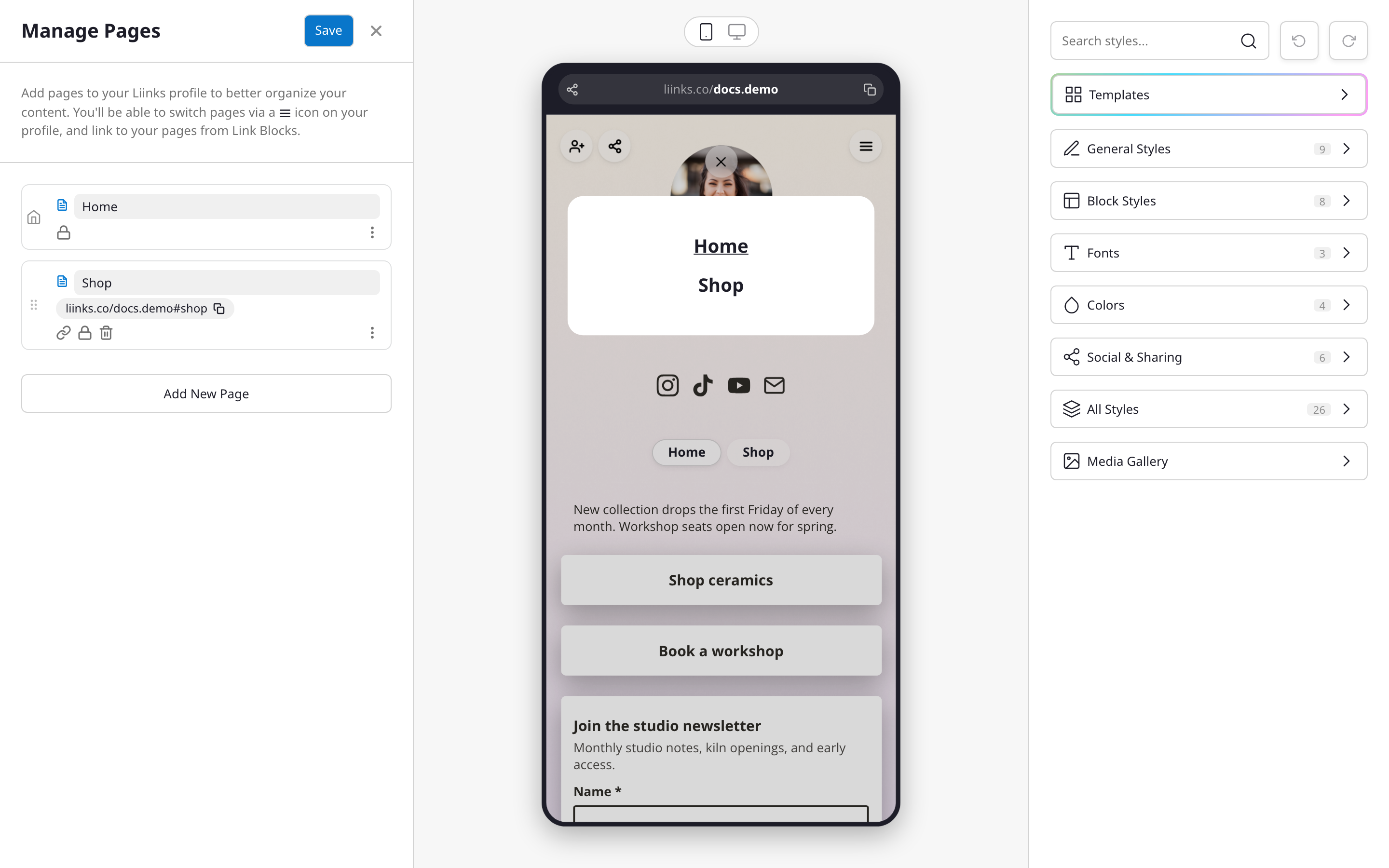 The Manage Pages modal with two pages and the Add New Page button
