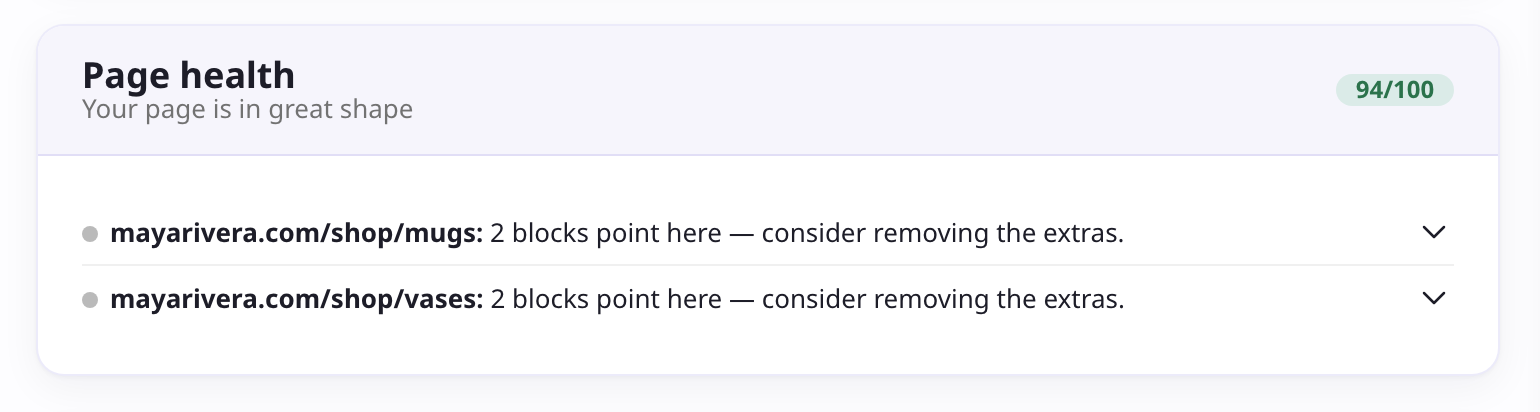 The Page health widget on the dashboard, showing a score out of 100 with the issues found below it