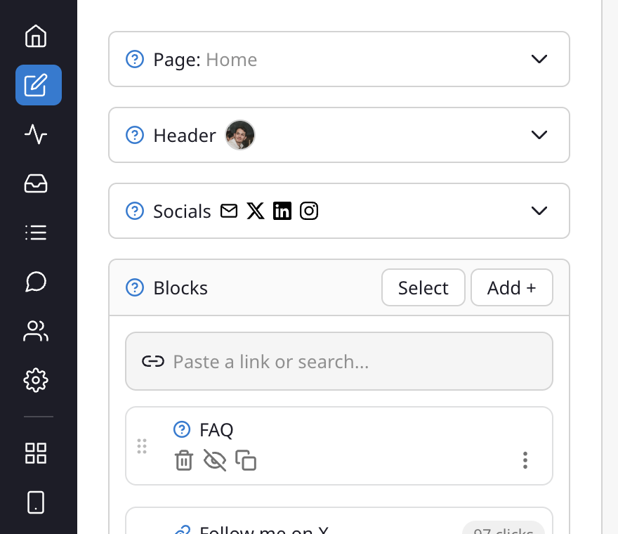 The Page selector at the top of the editor's Content sidebar