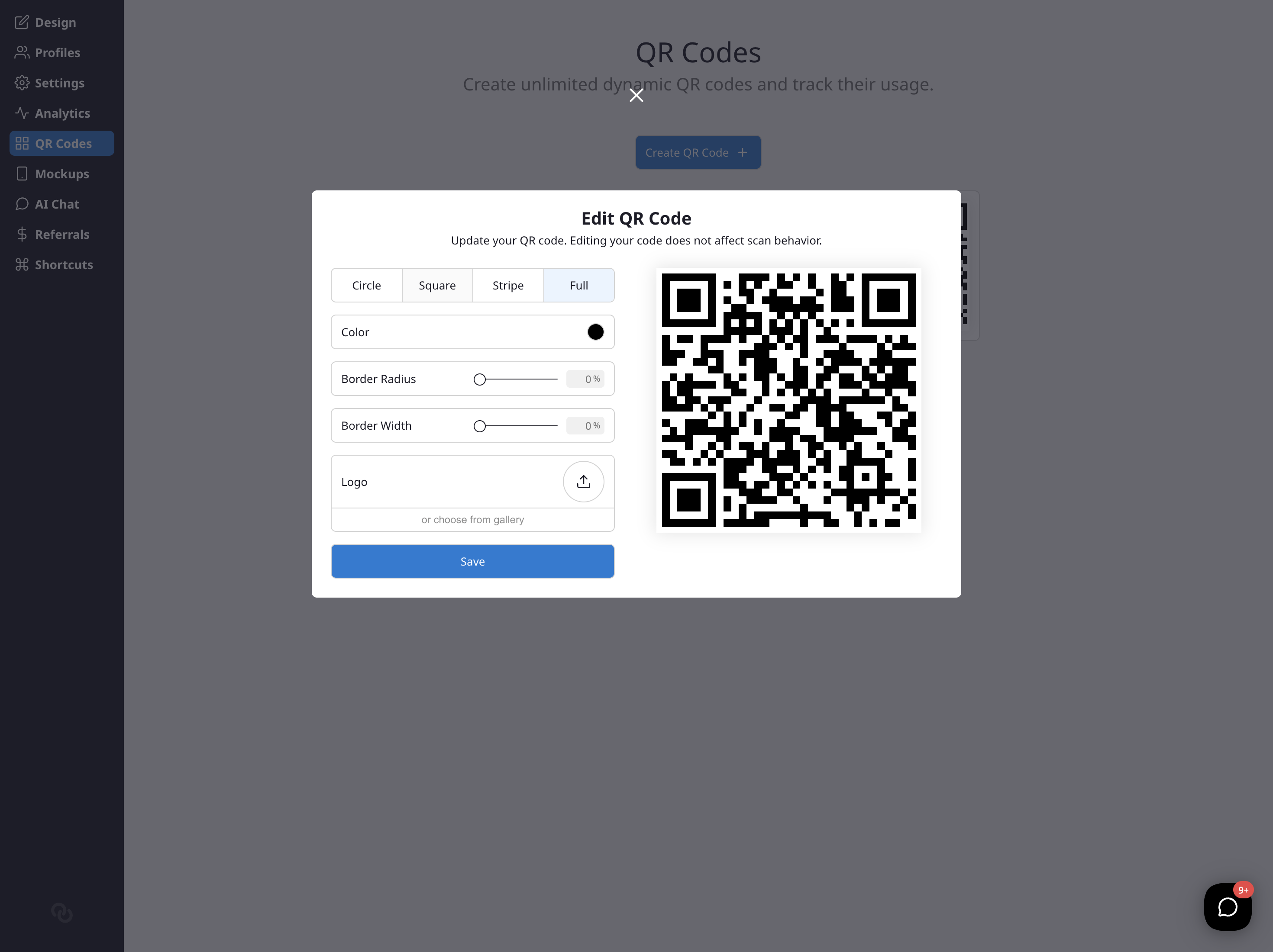 The QR Code editor with pattern styles, color, border, and logo options