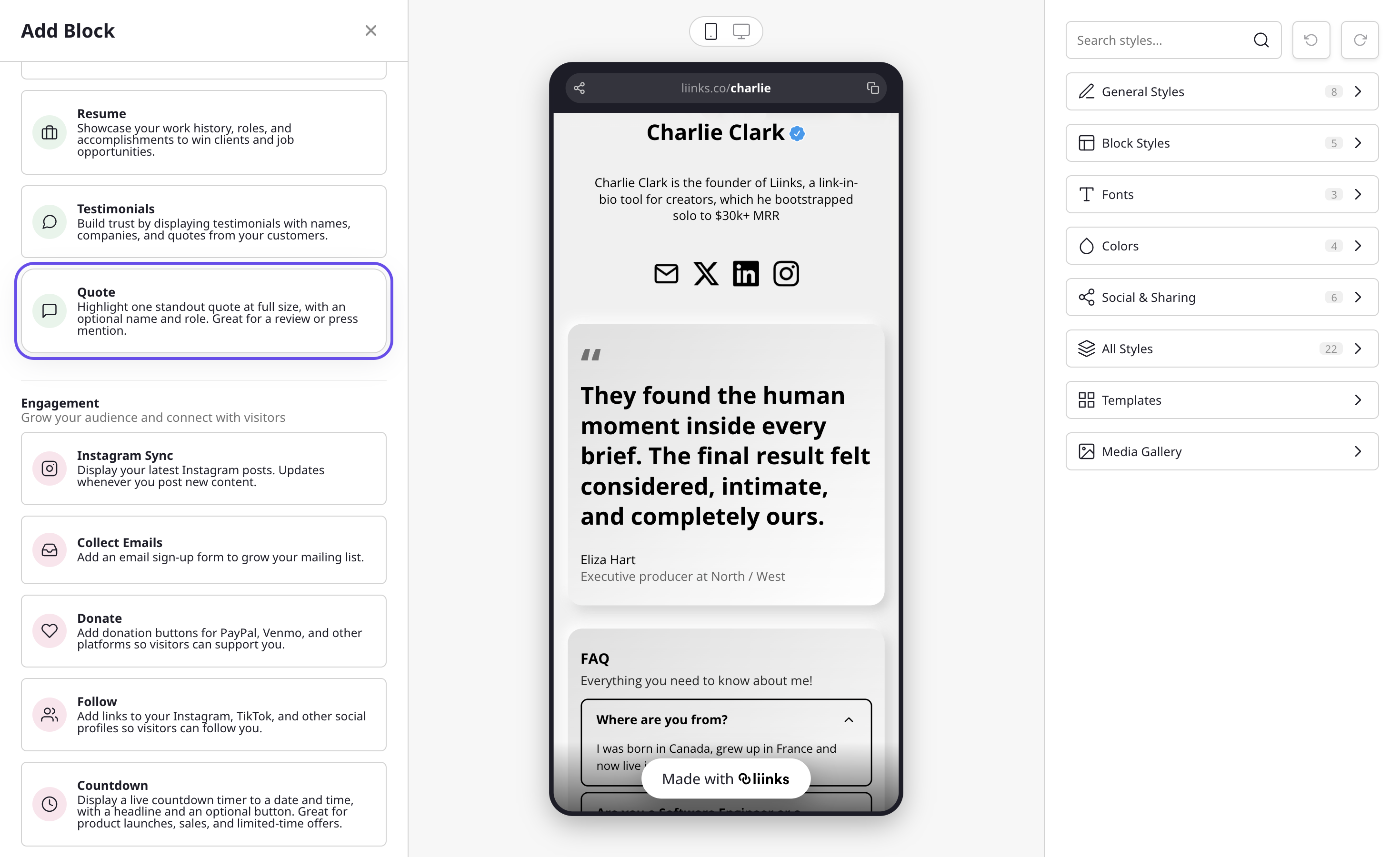 The Add Block modal with the Quote block highlighted in the Content section, and a preview of the rendered quote alongside it