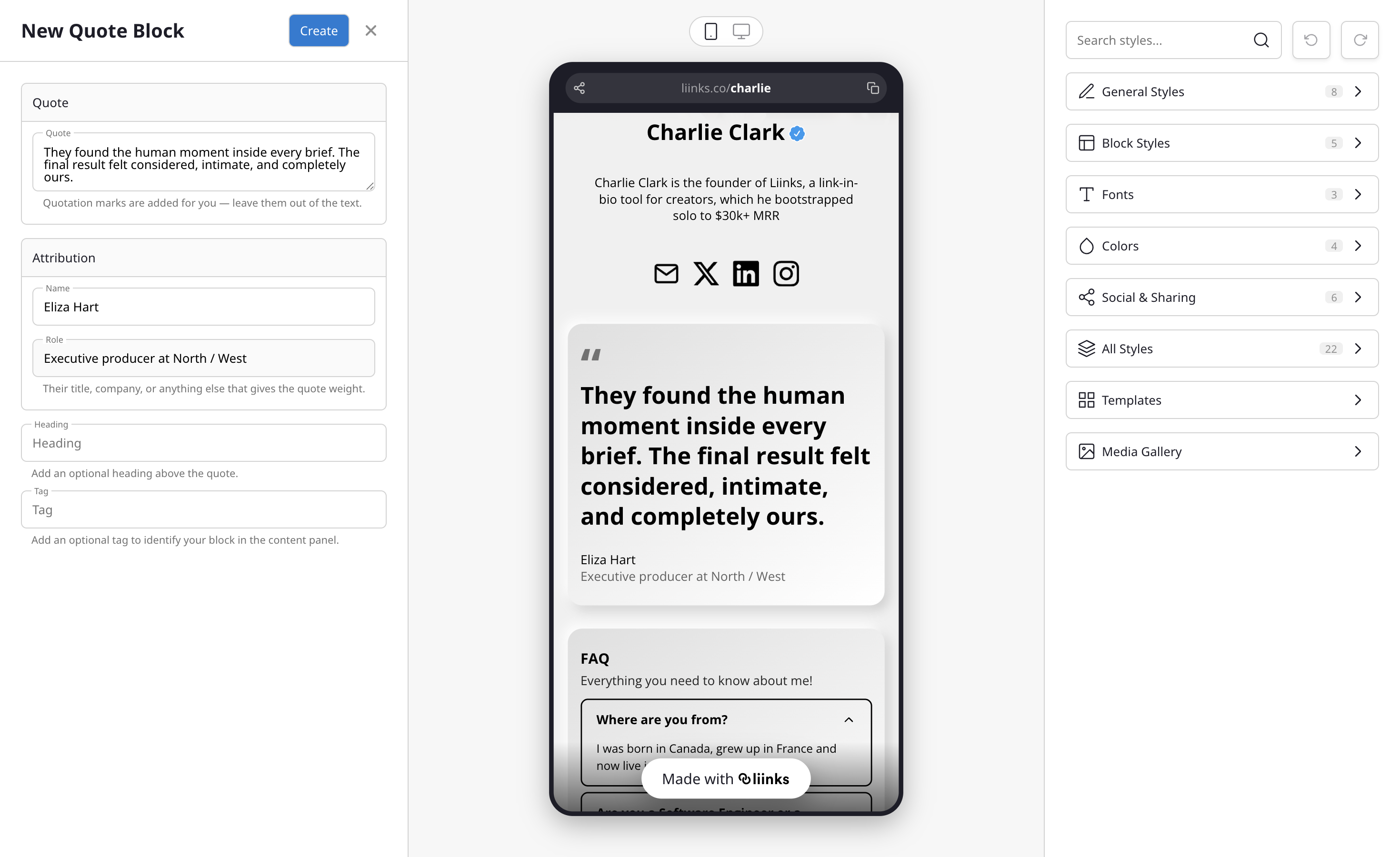 The Quote editor showing the Quote, Attribution, Heading, and Tag fields, with a live preview of the finished block