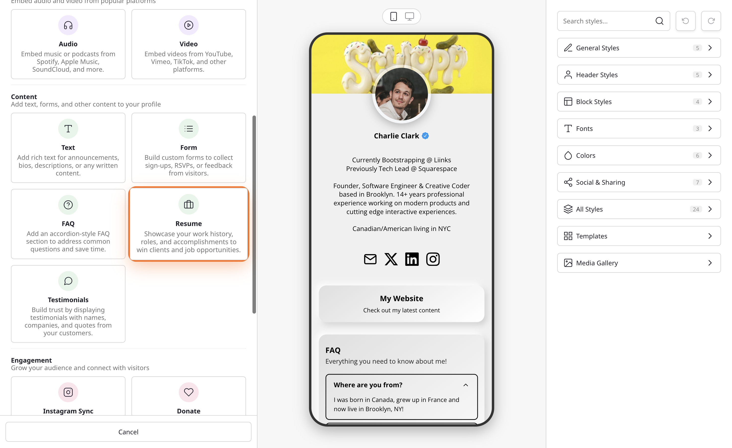 Add Block modal with the Resume block in the Content section