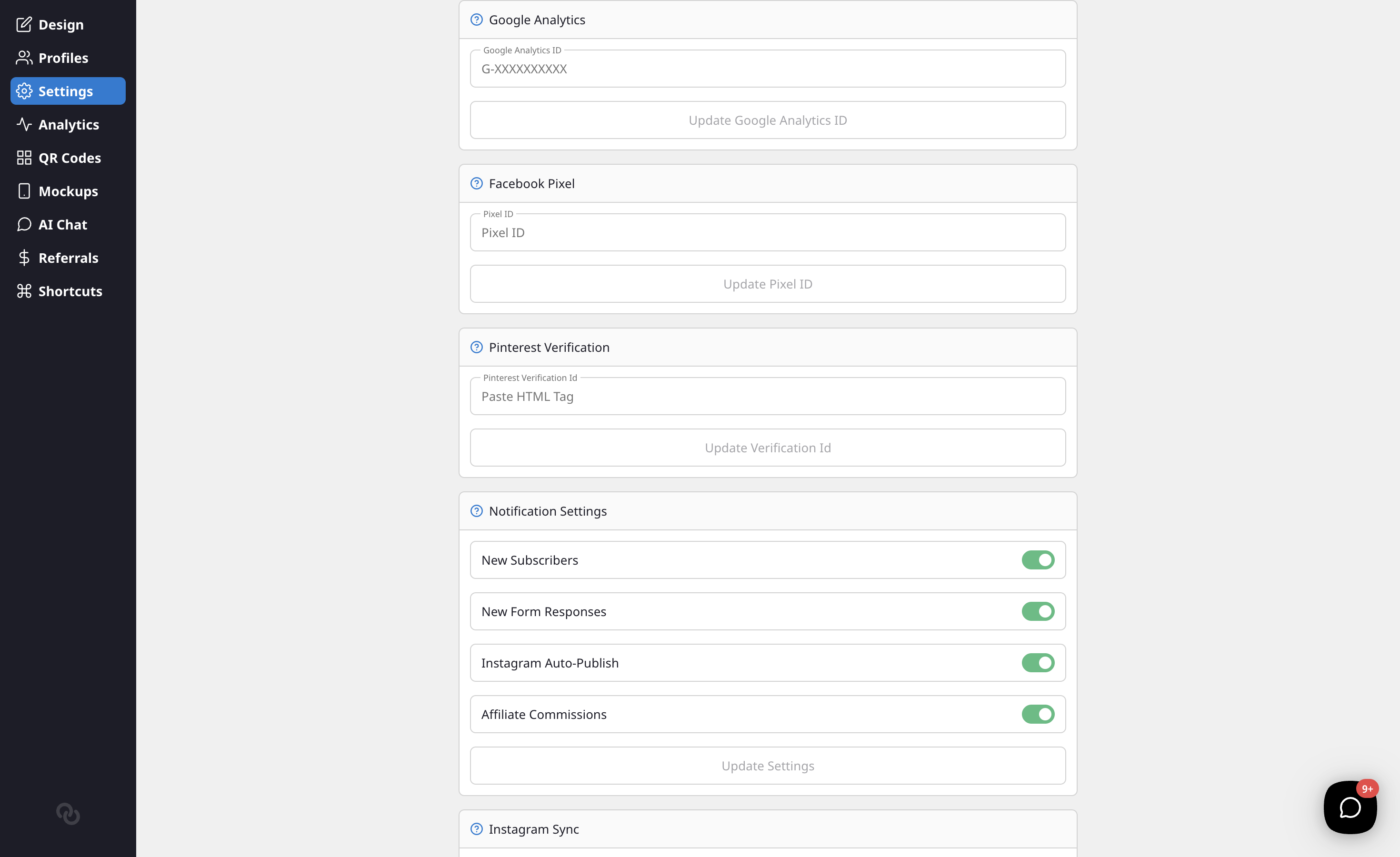 The Settings page showing the Google Analytics ID field along with other integrations