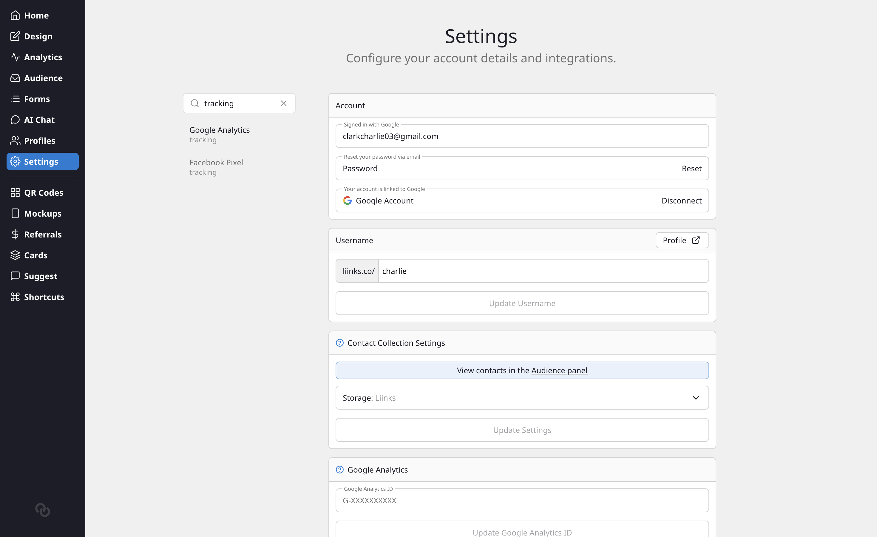 The Search settings box filtering the Settings sidebar down to the sections that match "tracking"