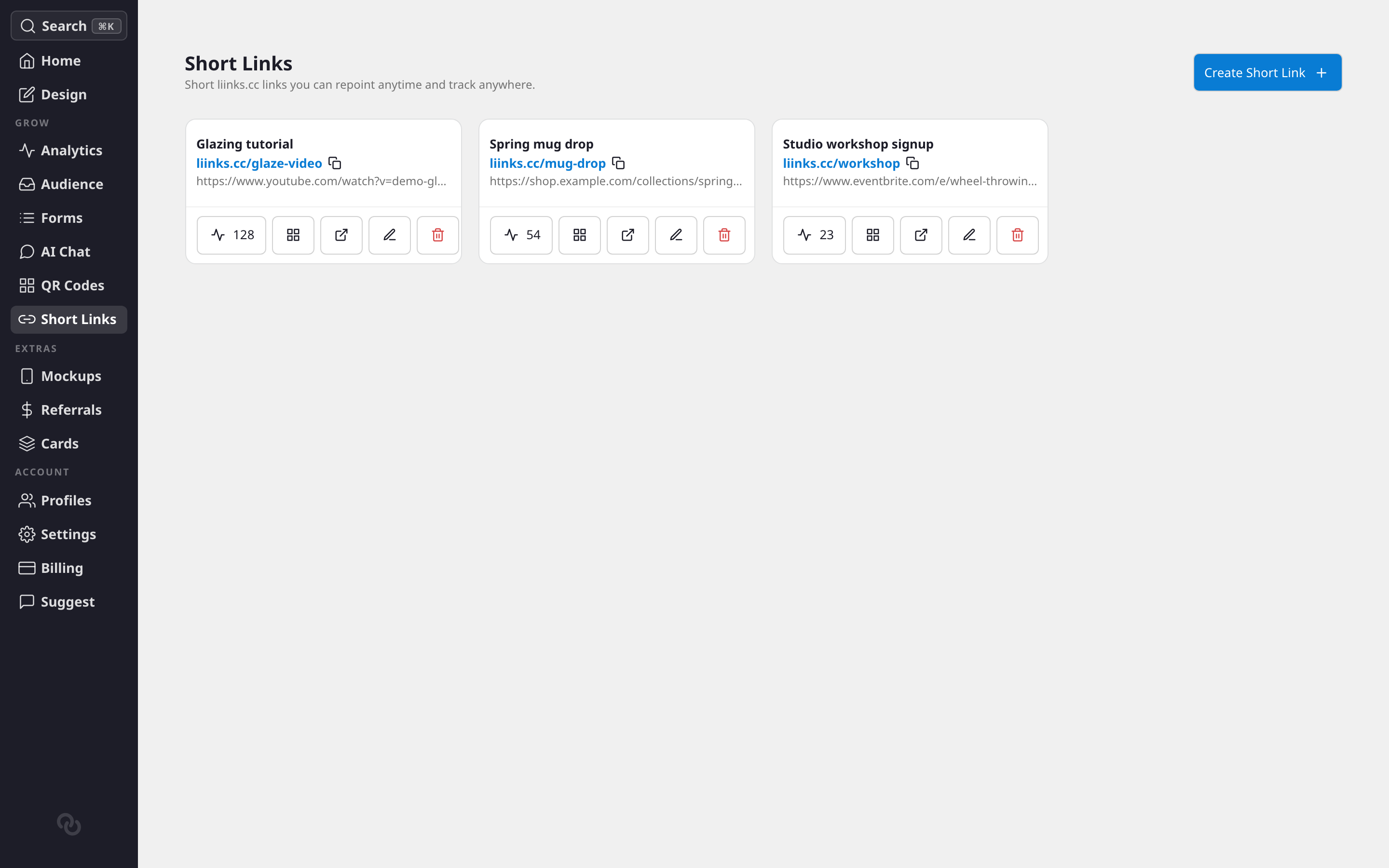 The Short Links page showing link cards with copy pills, destinations, and click counts