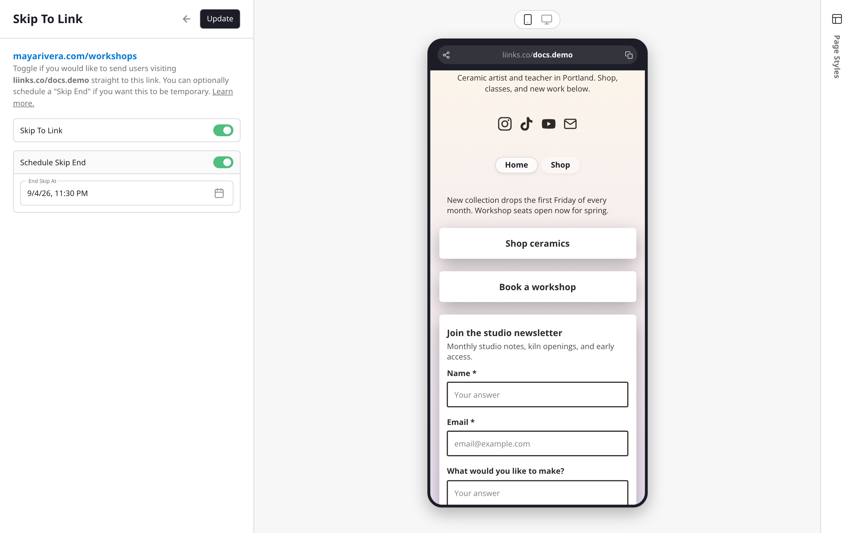 The Skip To Link add-on on a button block, with the optional end time set