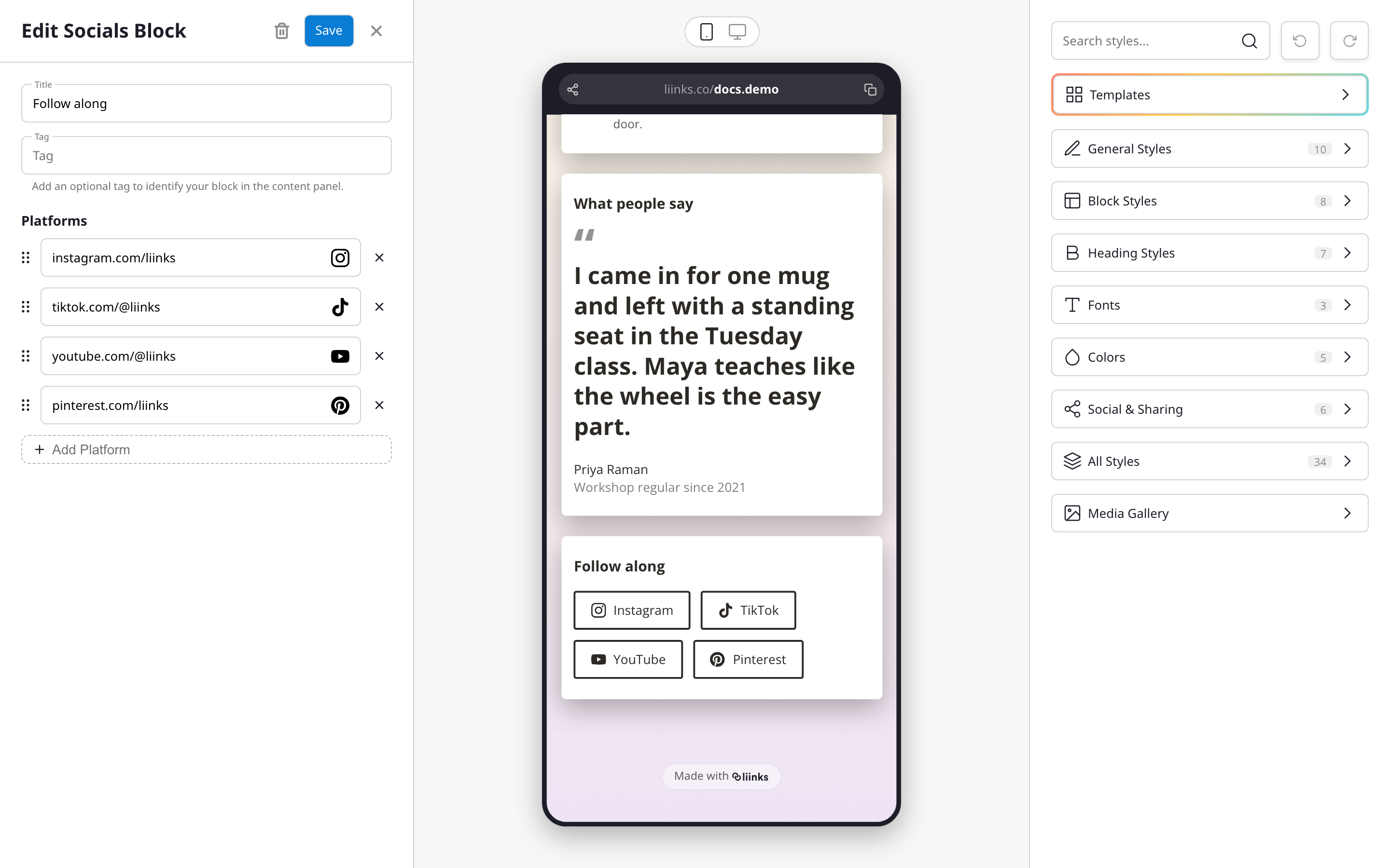 The Social Icons block editor with a list of platform rows and the Add Platform button