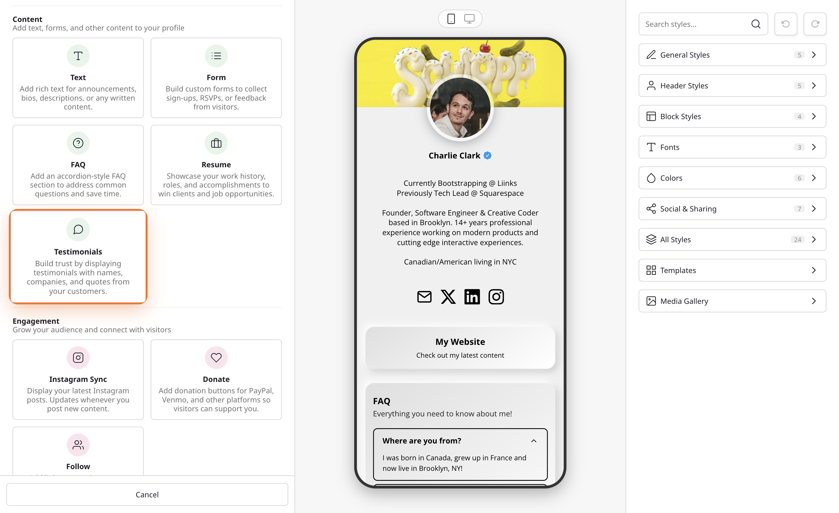Add Block modal with the Testimonials block highlighted in the Content section