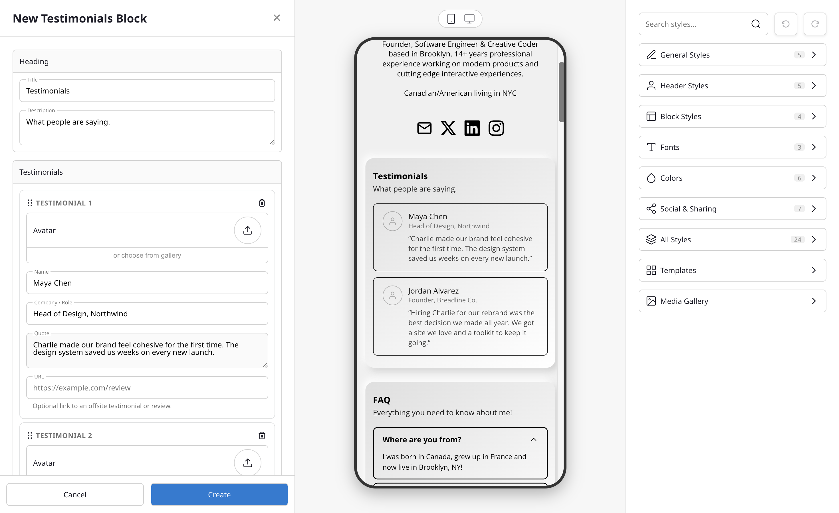 The Testimonials editor on the left with a live preview of two testimonials on the right