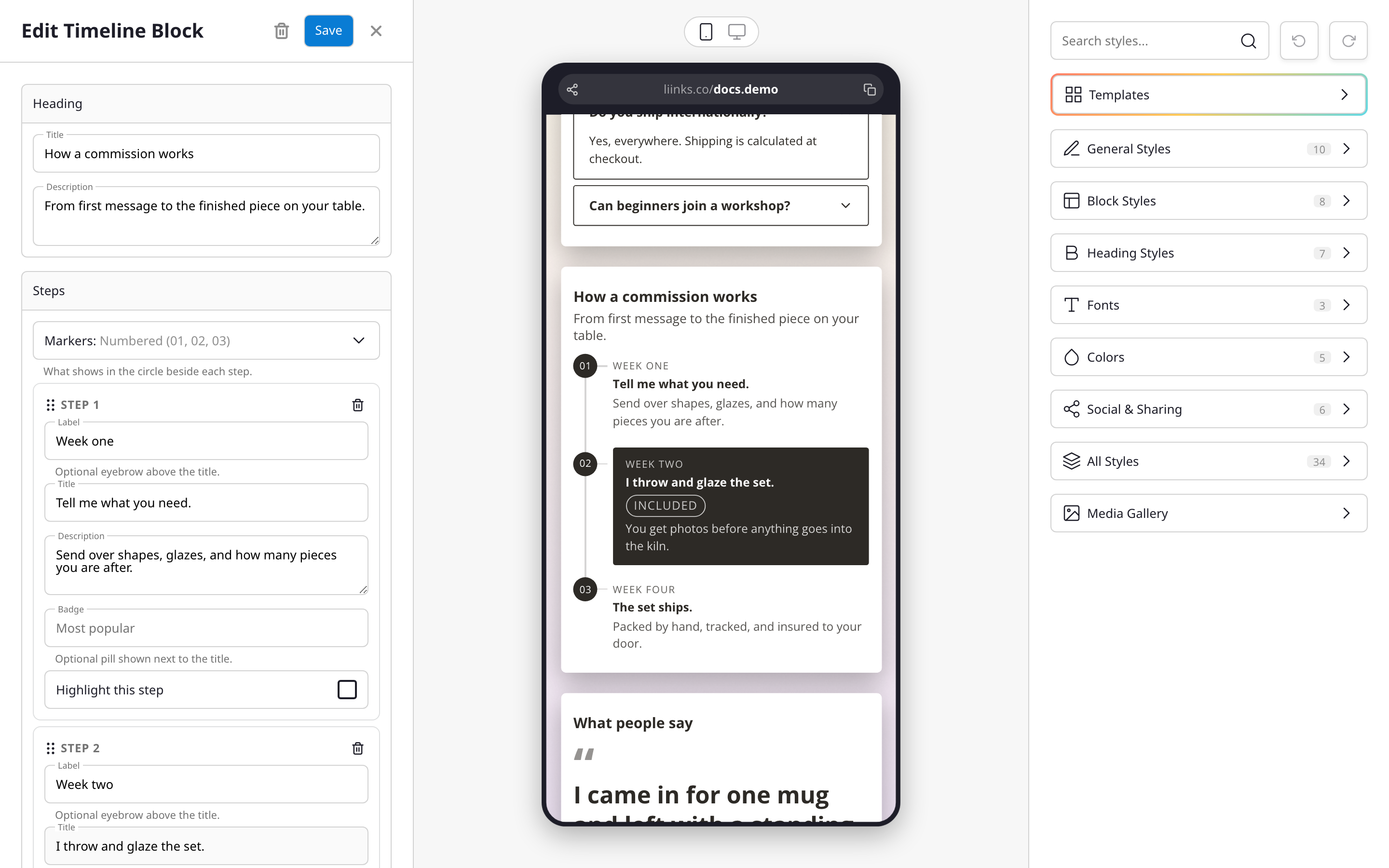 The Timeline block editor: heading fields, the Markers dropdown, and the step list, with a live preview alongside