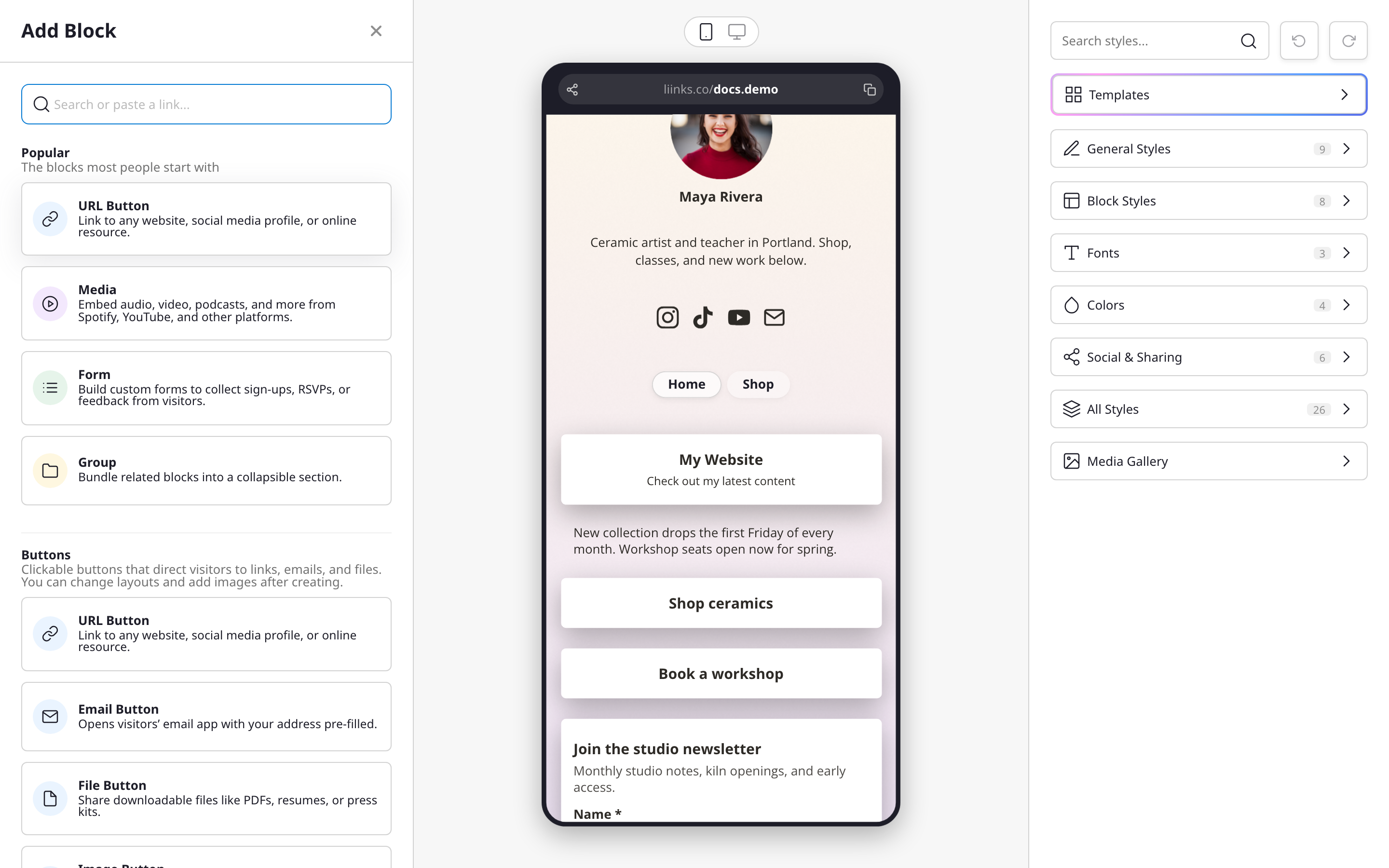 The Add Block picker in the editor
